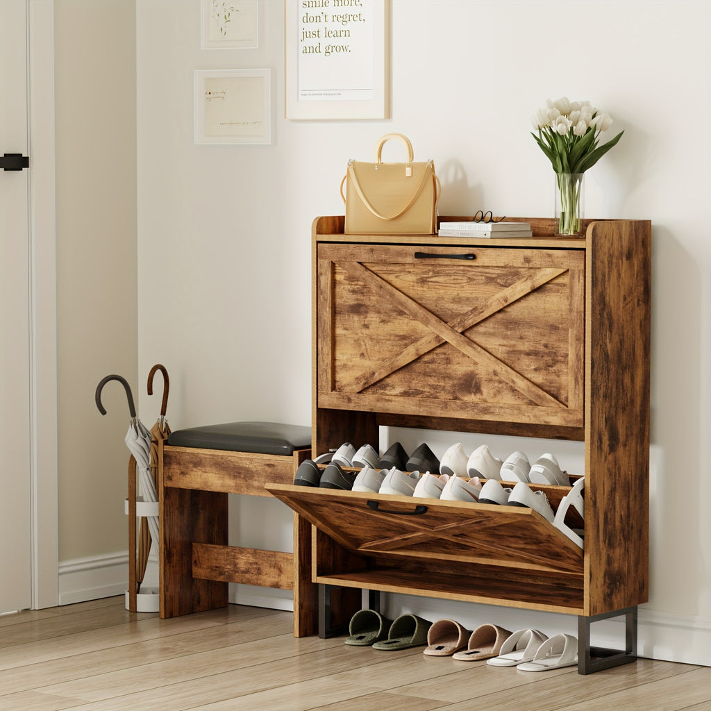 Shoe Storage Cabinet with 2 Flip Drawers, Freestanding Shoe Organizer for 16 Pairs, Narrow Slim Shoe Rack Cabinet for Entryway, Living Room, Hallway