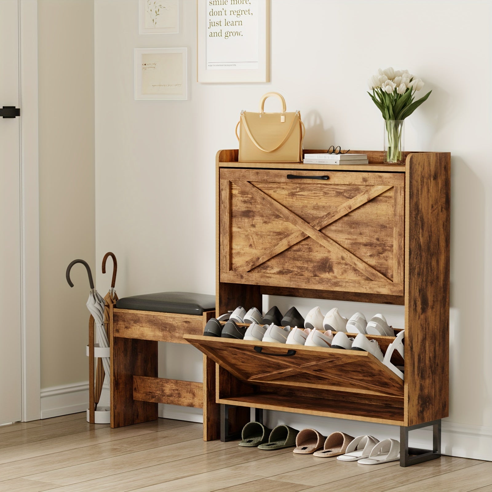Shoe Storage Cabinet with 2 Flip Drawers, Freestanding Shoe Organizer for 16 Pairs, Narrow Slim Shoe Rack Cabinet for Entryway, Living Room, Hallway