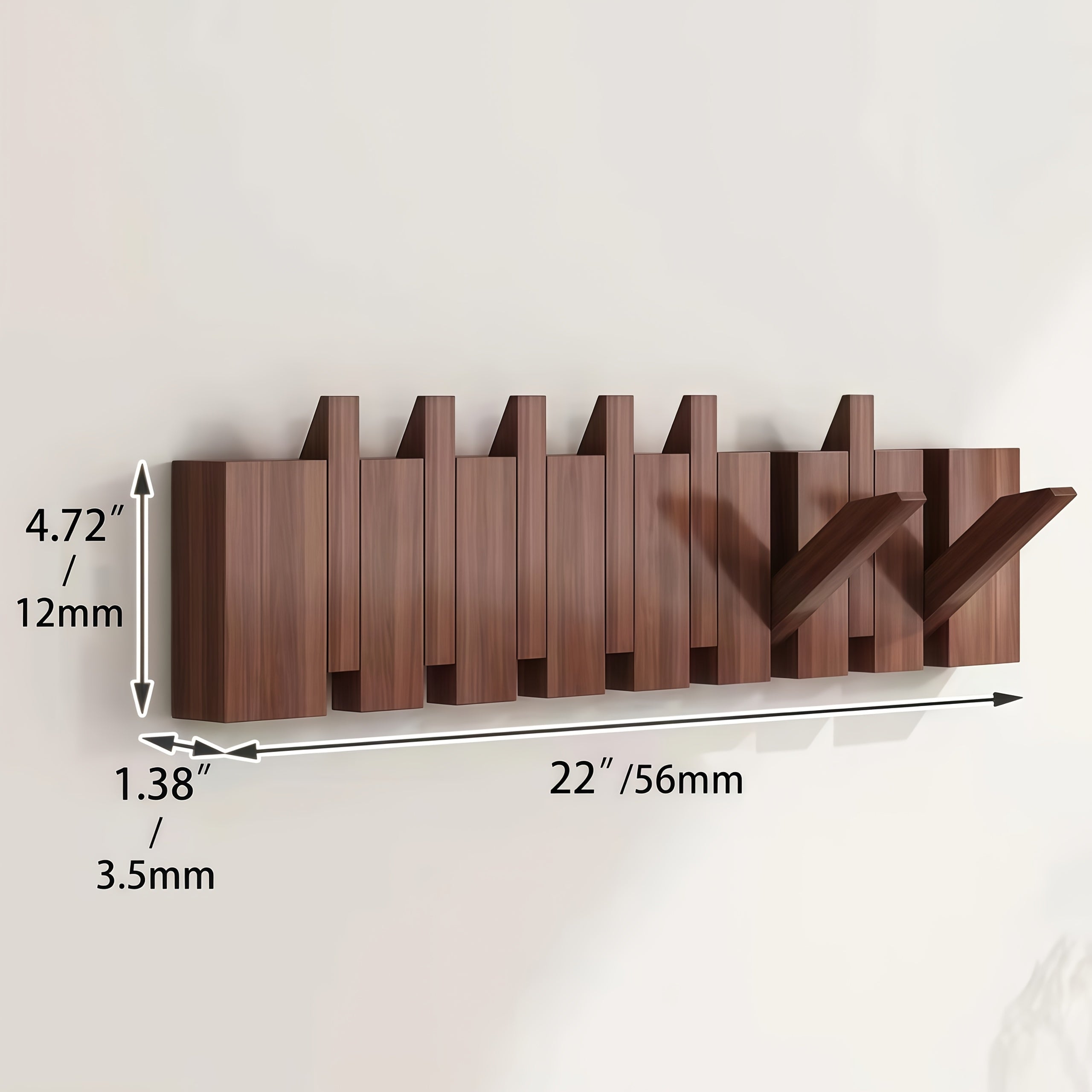 1pc Natural Wood Wall-Mounted Coat Rack with 10 Hooks - Piano-Shaped Accordion Design, Walnut Finish, Space-Saving Vertical Storage for Entryway, Bedroom, Bathroom - Easy Assembly, No Batteries\u002FElectricity, Durable Multi-Purpose Organizer for...