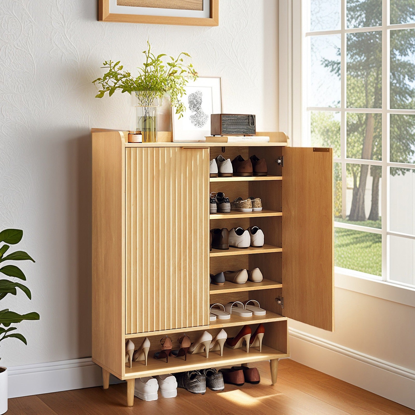 6-Tier Modern Shoe Storage Cabinet | LEADZM Narrow Hidden Freestanding Shoe Rack with Doors and Shelves, Artificial Board and Hardwood Material, Floor Mount for Entryway