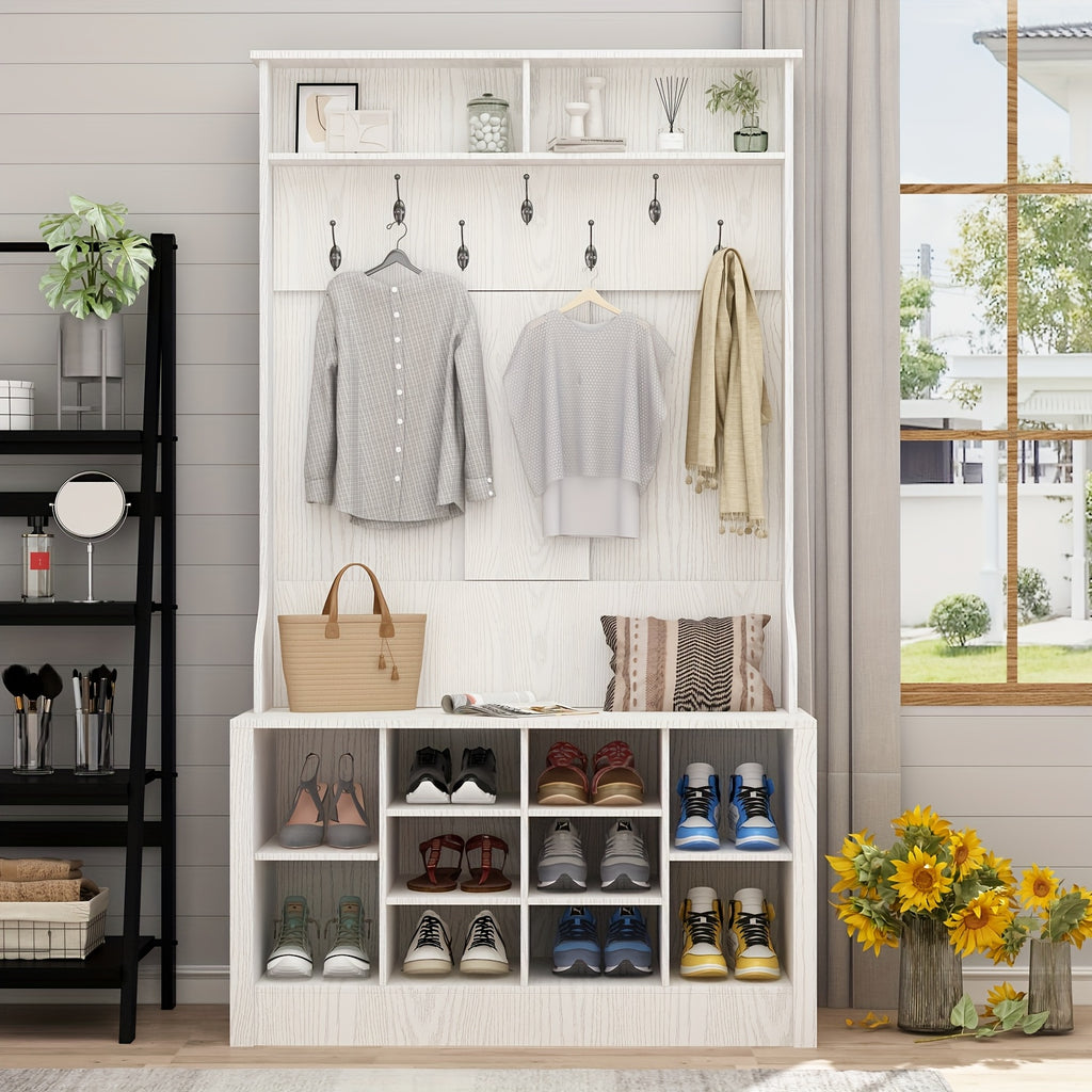 Modern 4-in-1 Hall Tree With Storage Bench, 68.5'' Tall Entryway Bench With Coat Racks, 7 Hooks & 10 Shoe Cubes, Hall Tree With Open Shelves, For Hallway And Living Room, White