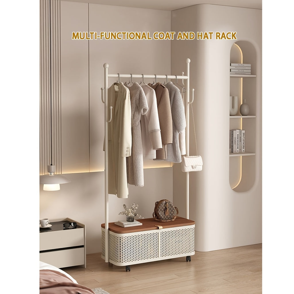 Mobile Coat Rack with Wheels & Bottom Storage Box - Creative Cactus Hook Hanger for Hats, Bags & Coats - Freestanding Rolling Garment Rack for Entryway, Bedroom & Small Spaces (Cream White)