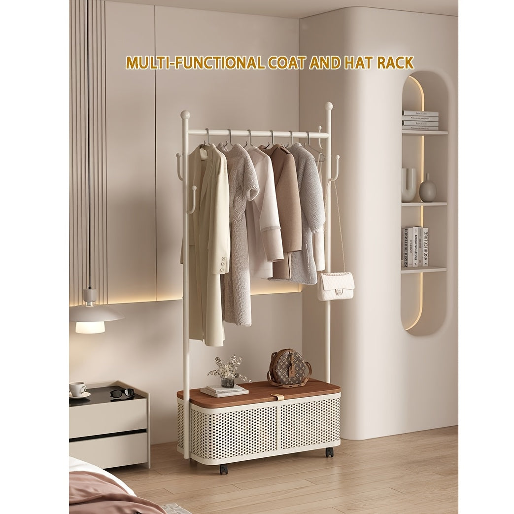Mobile Coat Rack with Wheels & Bottom Storage Box - Creative Cactus Hook Hanger for Hats, Bags & Coats - Freestanding Rolling Garment Rack for Entryway, Bedroom & Small Spaces (Cream White)