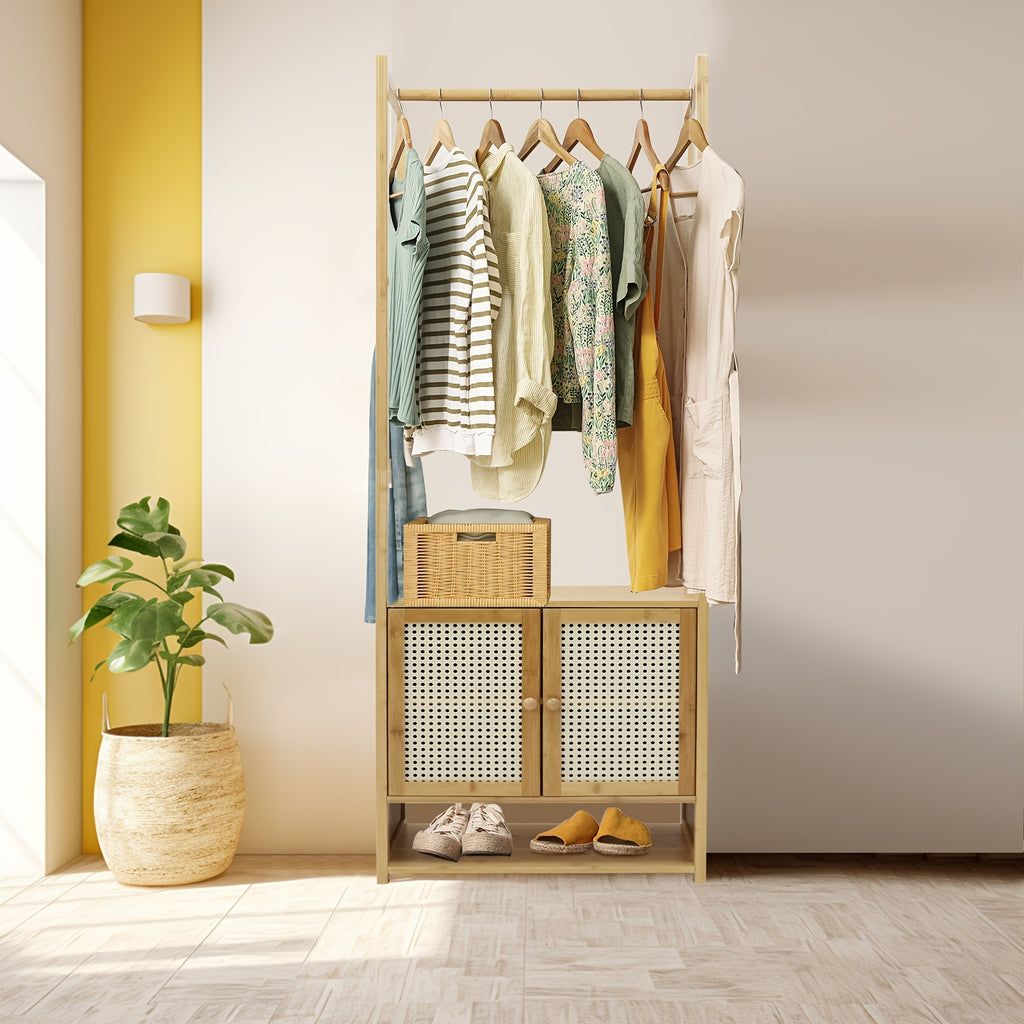 Aesome 66.1 Inch Garment Rack with Cabinet Bamboo Clothes Rack, Clothes Rack Hanging, Wardrobe Closet for Entryway Bedroom