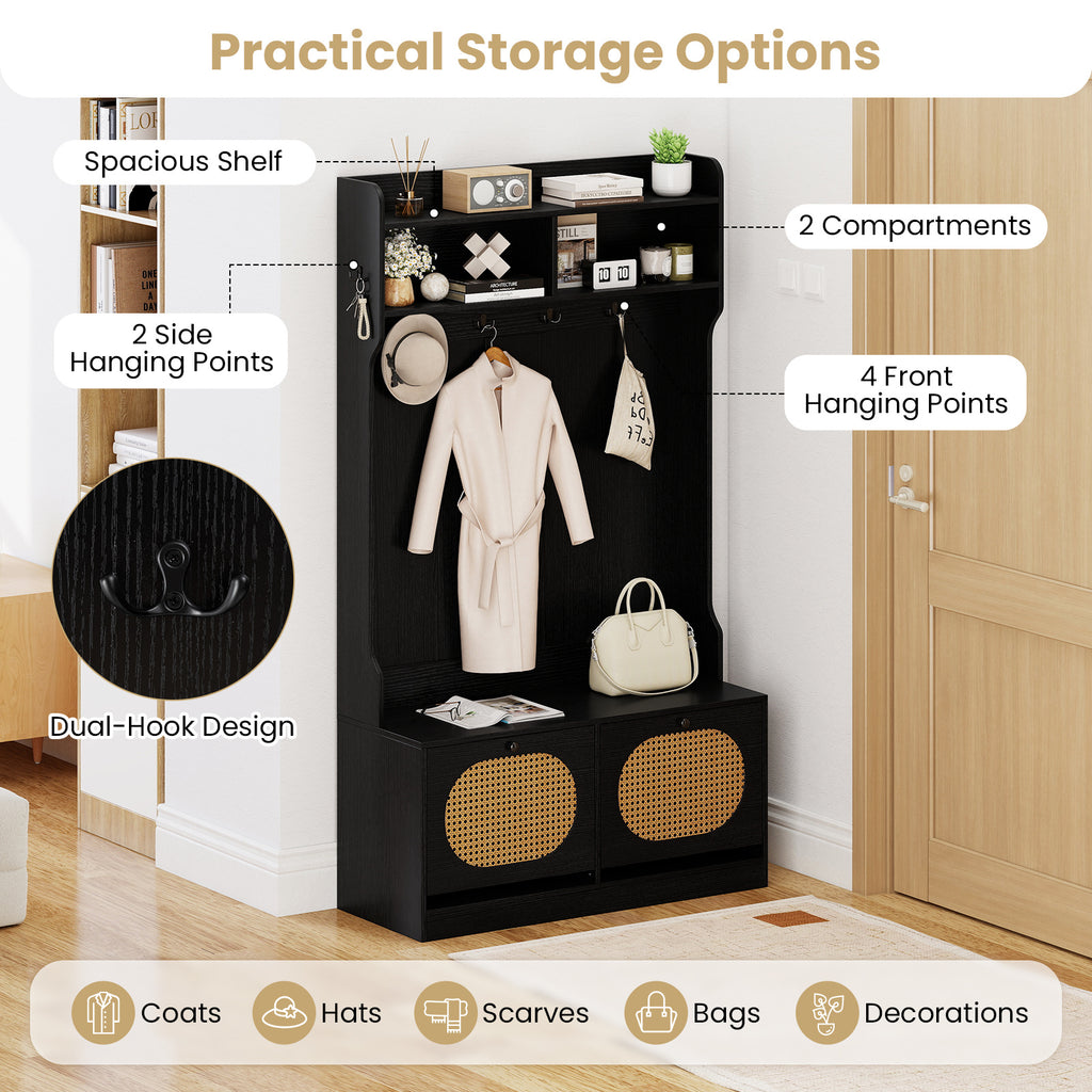 COSTWAY 4-In-1 Hall Tree, Entryway Bench with Coat Rack & Flip Drawers, Farmhouse Storage Organizer with 6 Dual-Hook Hangers & PE Rattan Doors, Ideal for Entryway Living Room Mudroom
