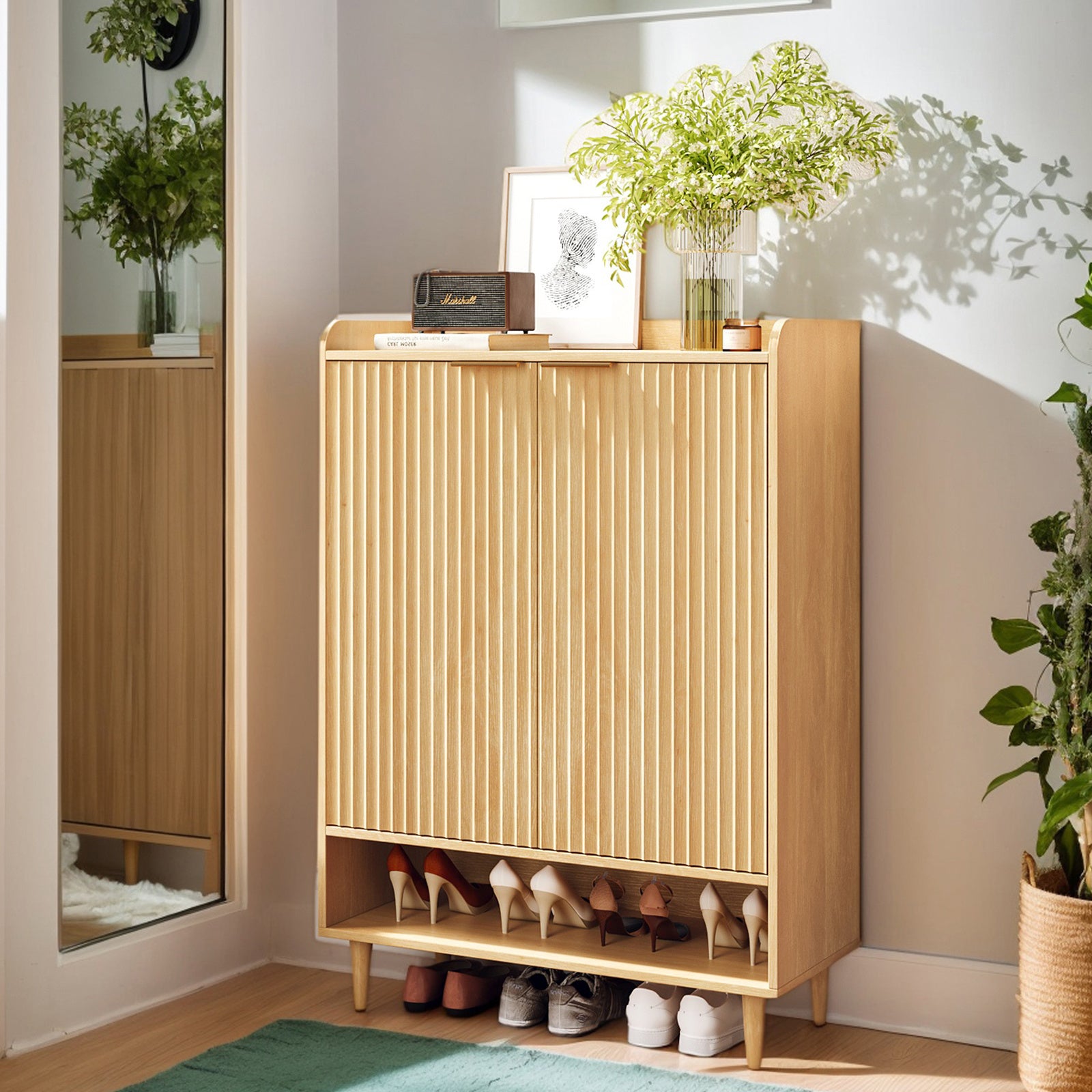 6-Tier Modern Shoe Storage Cabinet | LEADZM Narrow Hidden Freestanding Shoe Rack with Doors and Shelves, Artificial Board and Hardwood Material, Floor Mount for Entryway