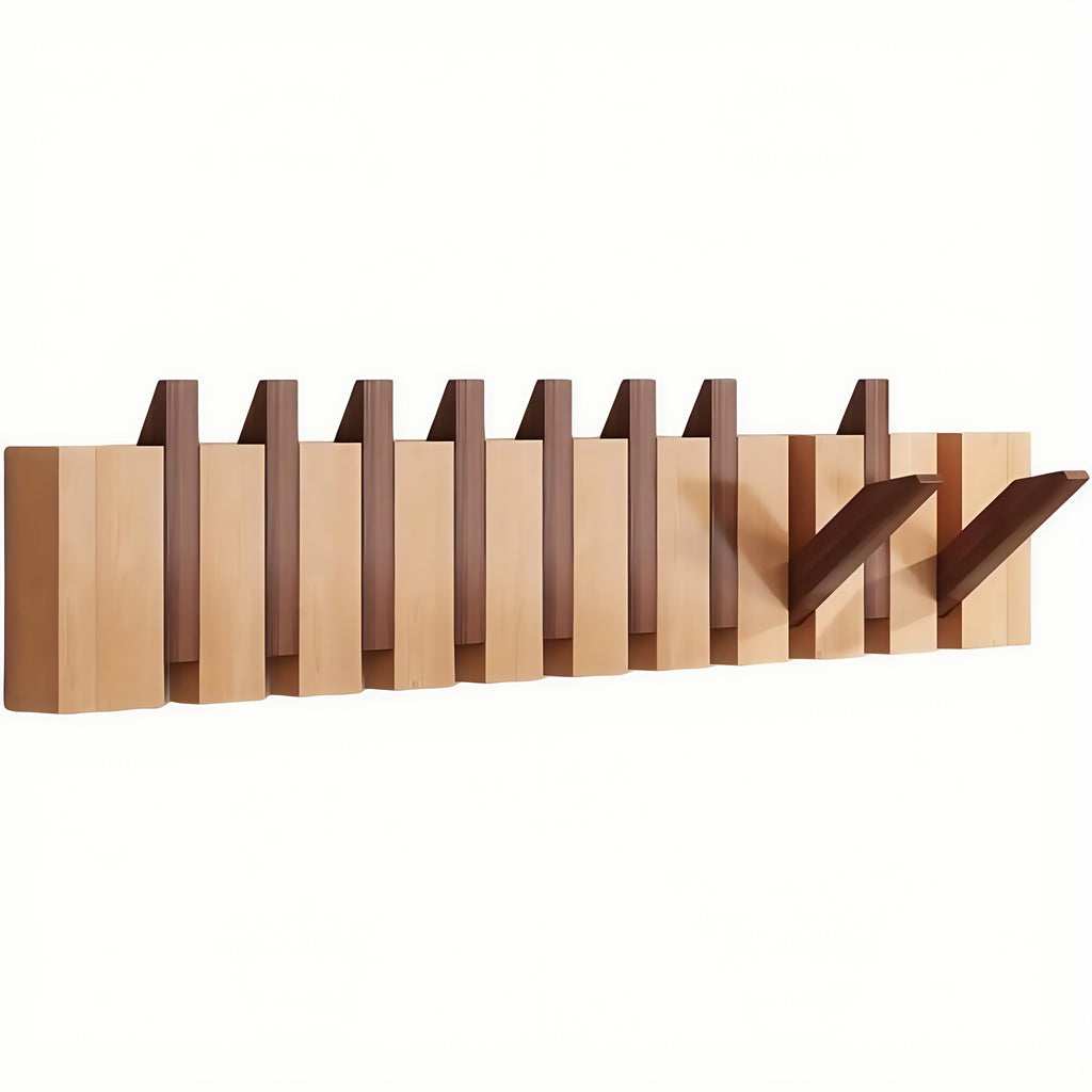 1pc Natural Wood Wall-Mounted Coat Rack with 10 Hooks - Piano-Shaped Accordion Design, Walnut Finish, Space-Saving Vertical Storage for Entryway, Bedroom, Bathroom - Easy Assembly, No Batteries\u002FElectricity, Durable Multi-Purpose Organizer for...