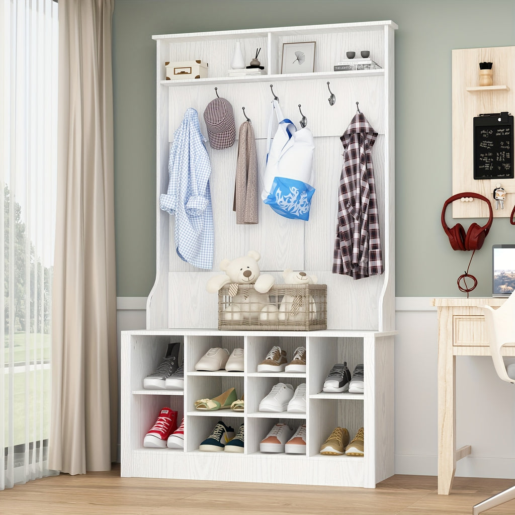 Modern 4-in-1 Hall Tree With Storage Bench, 68.5'' Tall Entryway Bench With Coat Racks, 7 Hooks & 10 Shoe Cubes, Hall Tree With Open Shelves, For Hallway And Living Room, White
