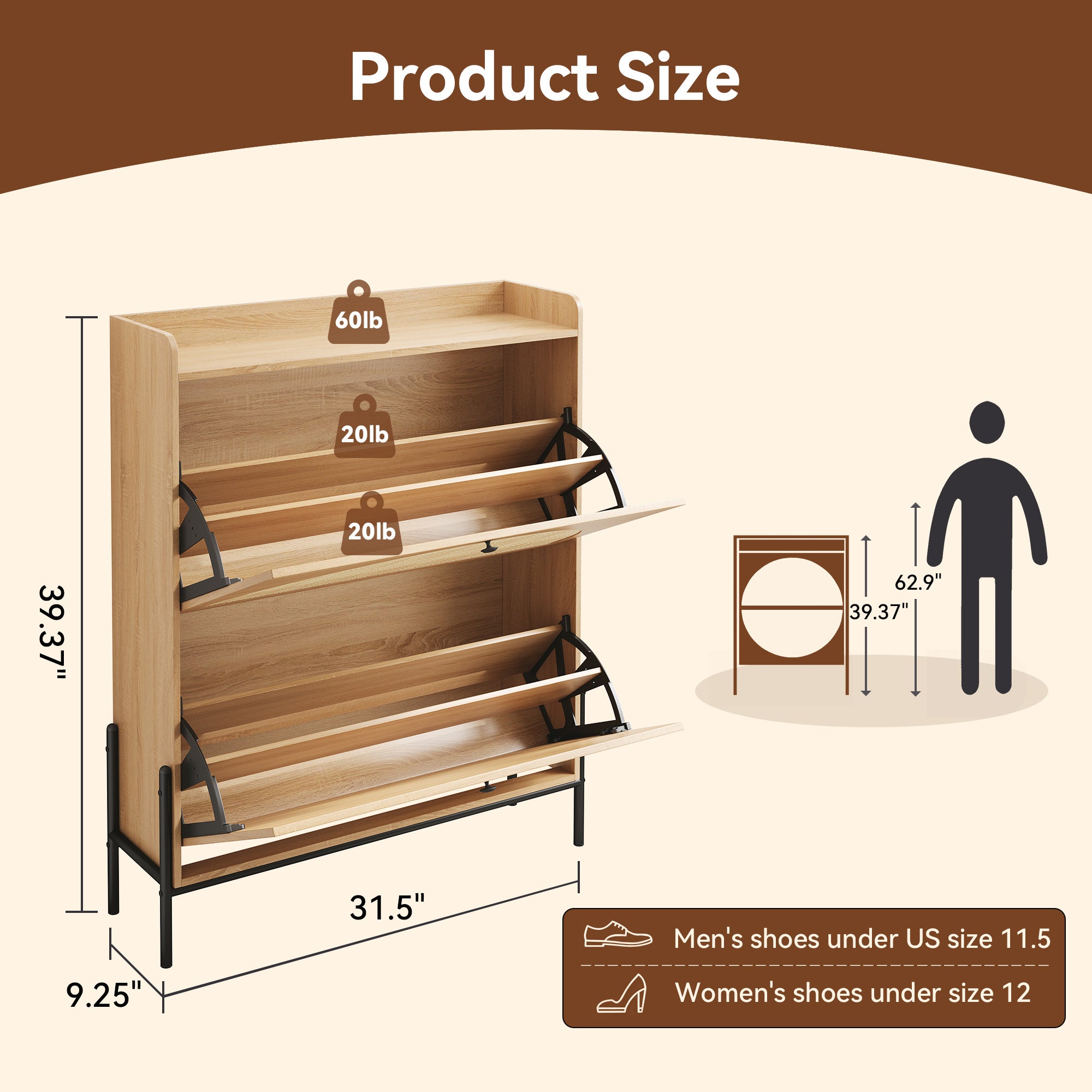 Narrow Shoe Cabinet for Entryway, Wooden Shoe Storage Organizer with 2 Flip Drawers & Rattan Doors, Free Standing Shoe Rack Cabinet for Hallway, Closet, Small Spaces