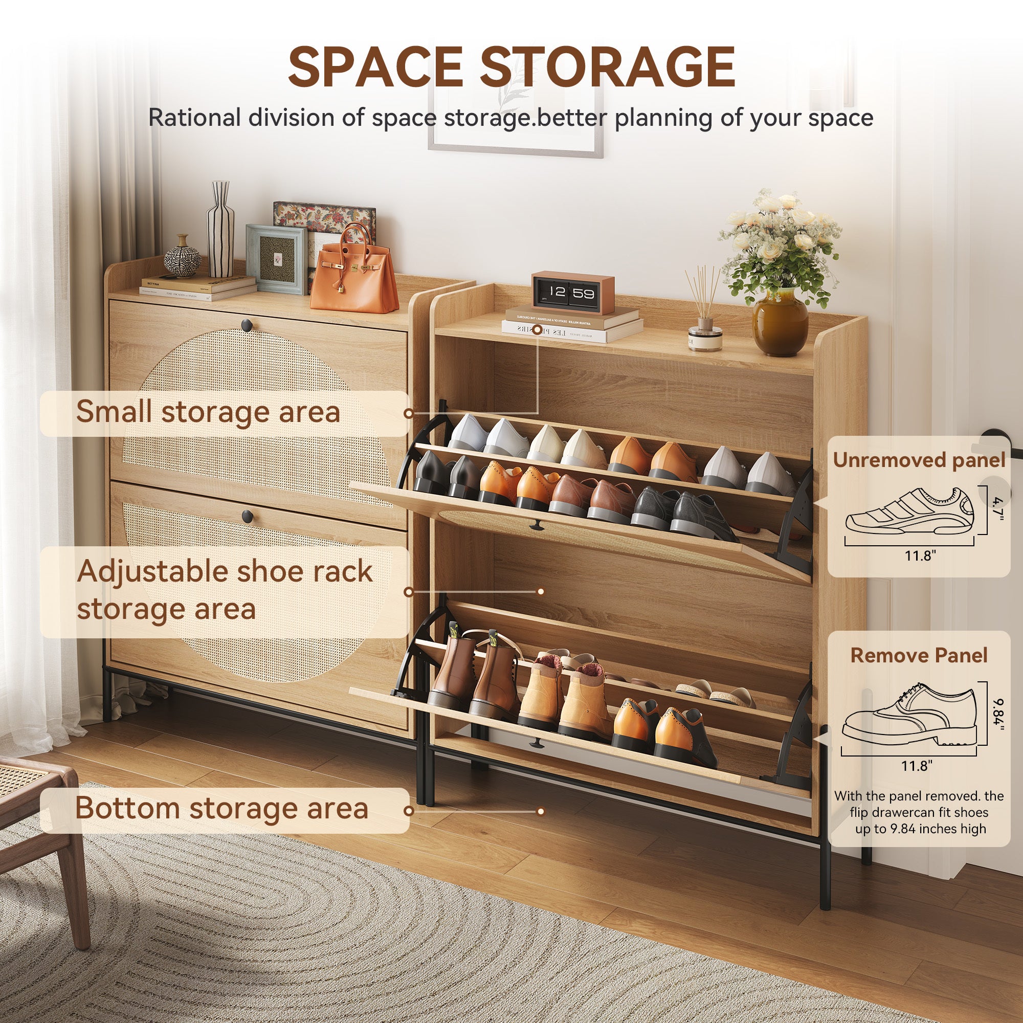Narrow Shoe Cabinet for Entryway, Wooden Shoe Storage Organizer with 2 Flip Drawers & Rattan Doors, Free Standing Shoe Rack Cabinet for Hallway, Closet, Small Spaces