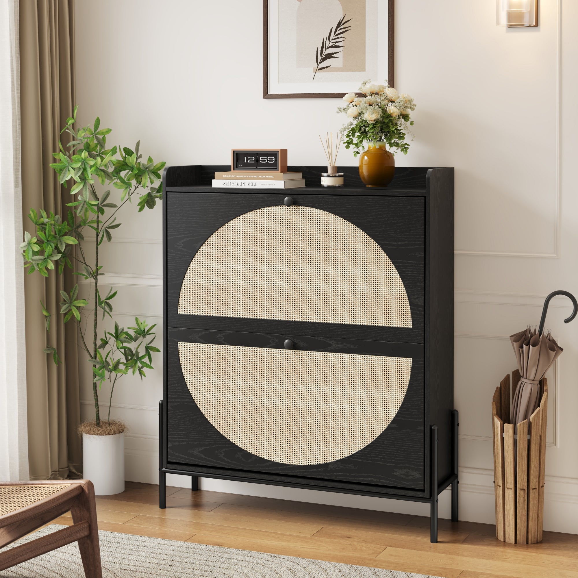 Narrow Shoe Cabinet for Entryway, Wooden Shoe Storage Organizer with 2 Flip Drawers & Rattan Doors, Free Standing Shoe Rack Cabinet for Hallway, Closet, Small Spaces