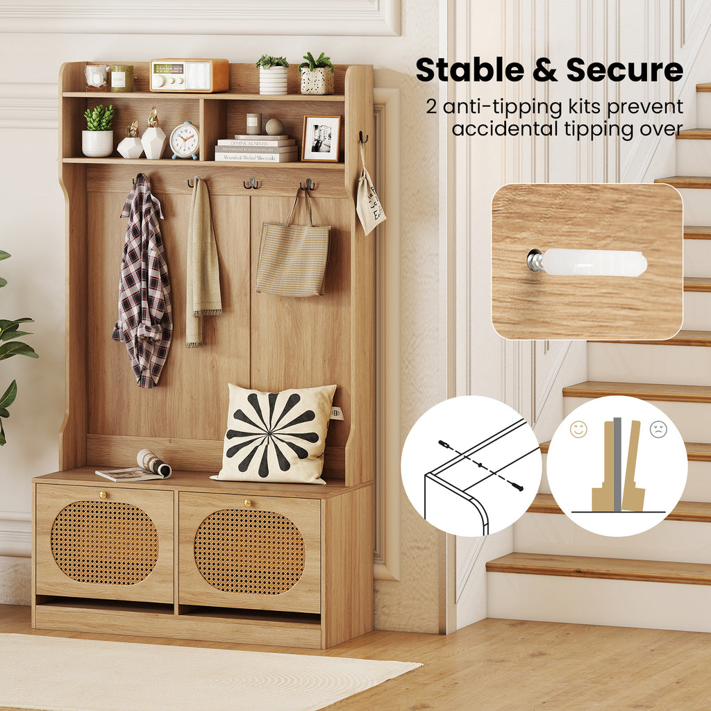 COSTWAY 4-In-1 Hall Tree, Entryway Bench with Coat Rack & Flip Drawers, Farmhouse Storage Organizer with 6 Dual-Hook Hangers & PE Rattan Doors, Ideal for Entryway Living Room Mudroom