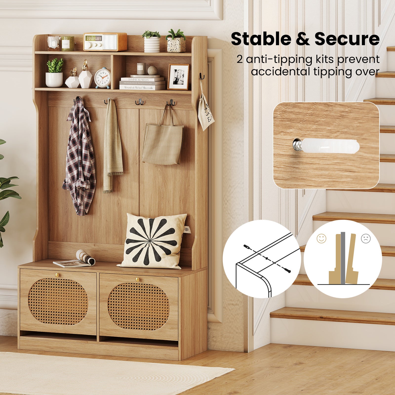 COSTWAY 4-In-1 Hall Tree, Entryway Bench with Coat Rack & Flip Drawers, Farmhouse Storage Organizer with 6 Dual-Hook Hangers & PE Rattan Doors, Ideal for Entryway Living Room Mudroom