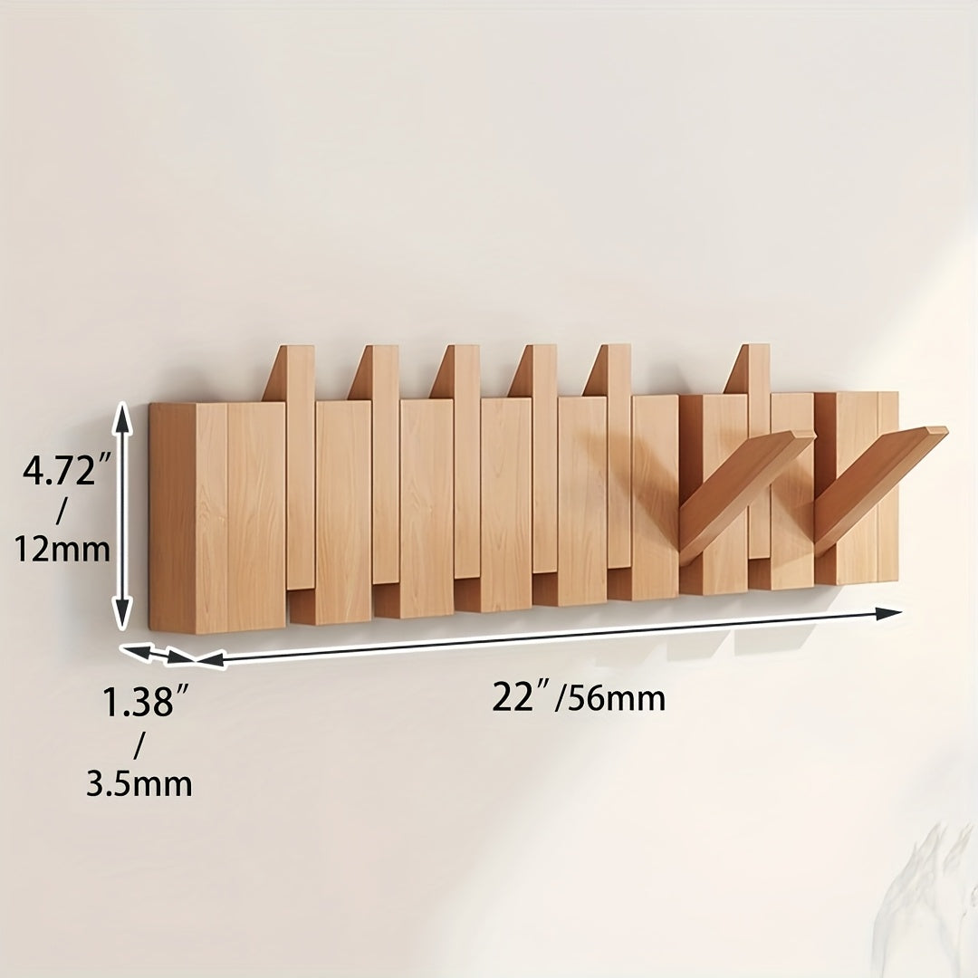 1pc Natural Wood Wall-Mounted Coat Rack with 10 Hooks - Piano-Shaped Accordion Design, Walnut Finish, Space-Saving Vertical Storage for Entryway, Bedroom, Bathroom - Easy Assembly, No Batteries\u002FElectricity, Durable Multi-Purpose Organizer for...
