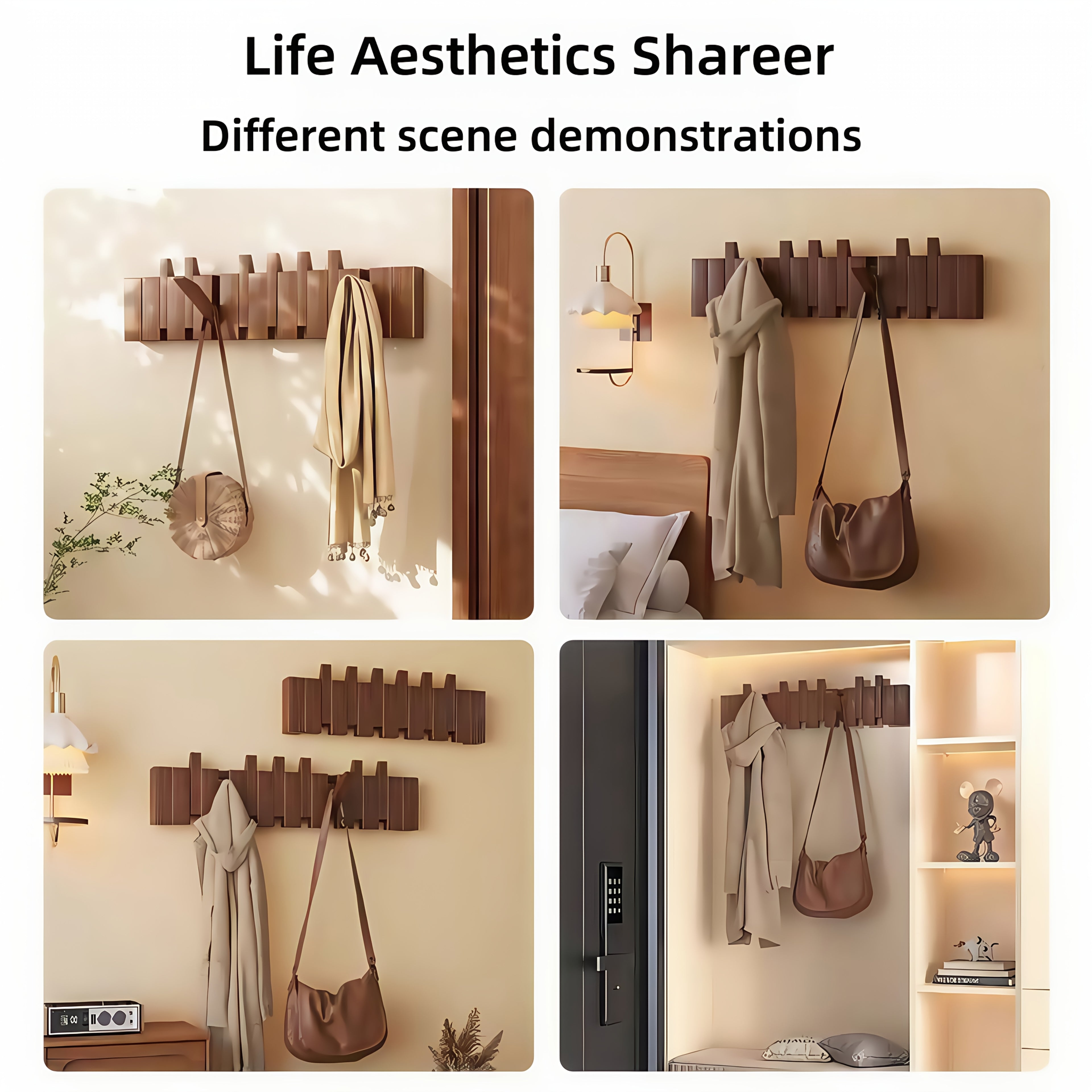 1pc Natural Wood Wall-Mounted Coat Rack with 10 Hooks - Piano-Shaped Accordion Design, Walnut Finish, Space-Saving Vertical Storage for Entryway, Bedroom, Bathroom - Easy Assembly, No Batteries\u002FElectricity, Durable Multi-Purpose Organizer for...