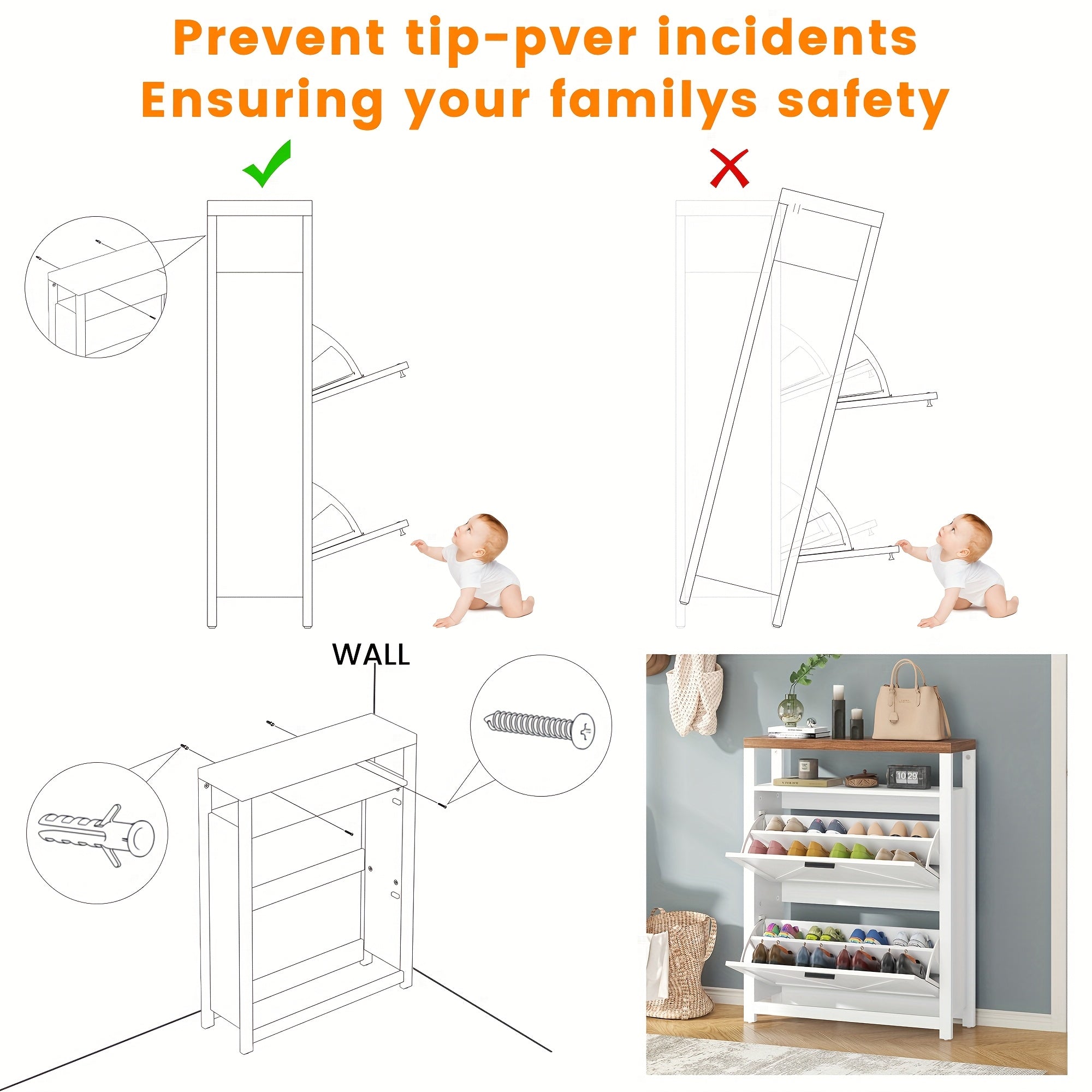 Shoe Cabinet with 2 Flip Drawers, Freestanding Shoe Cabinet Organizer with Metal Legs, Shoes Storage Cabinet for Entryway, Narrow Shoe Rack Cabinet, White