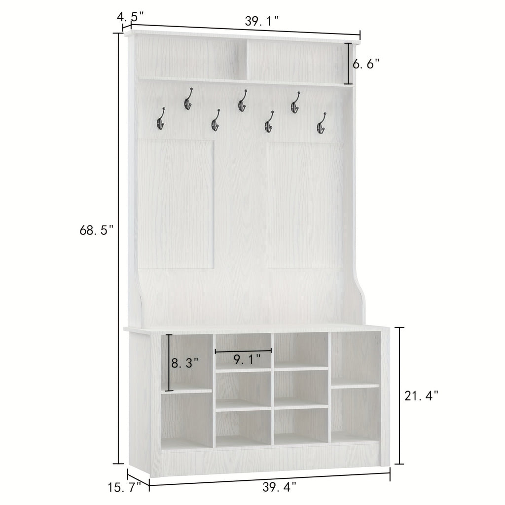 Modern 4-in-1 Hall Tree With Storage Bench, 68.5'' Tall Entryway Bench With Coat Racks, 7 Hooks & 10 Shoe Cubes, Hall Tree With Open Shelves, For Hallway And Living Room, White