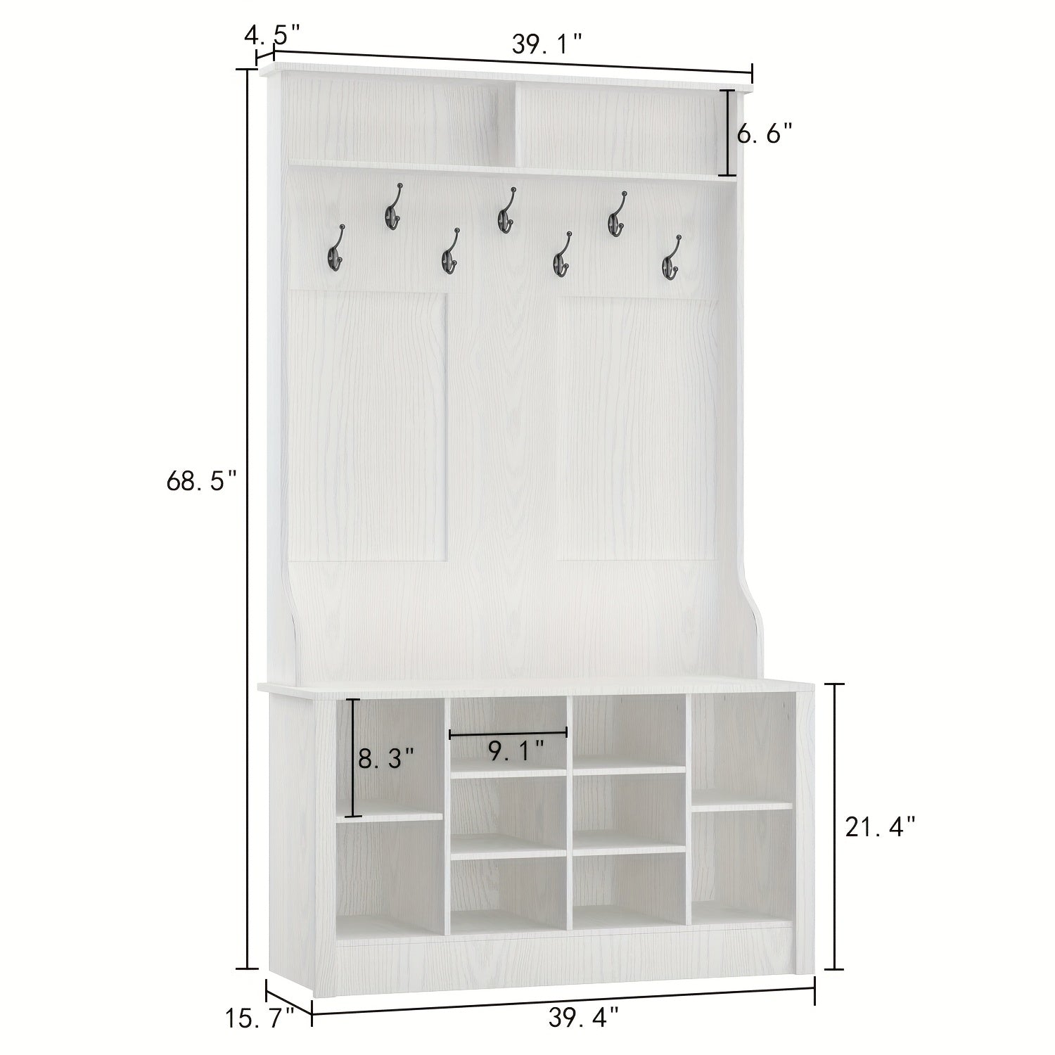 Modern 4-in-1 Hall Tree With Storage Bench, 68.5'' Tall Entryway Bench With Coat Racks, 7 Hooks & 10 Shoe Cubes, Hall Tree With Open Shelves, For Hallway And Living Room, White