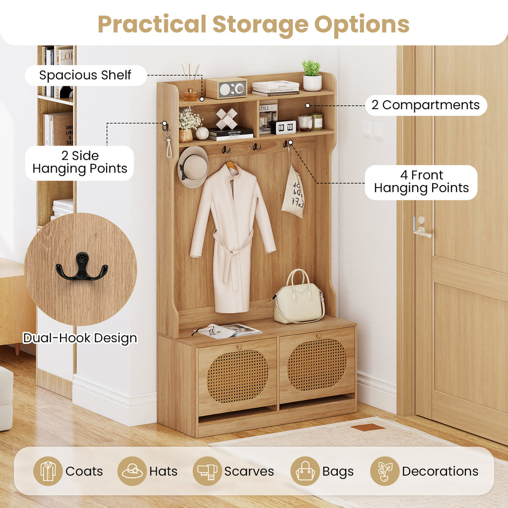 COSTWAY 4-In-1 Hall Tree, Entryway Bench with Coat Rack & Flip Drawers, Farmhouse Storage Organizer with 6 Dual-Hook Hangers & PE Rattan Doors, Ideal for Entryway Living Room Mudroom