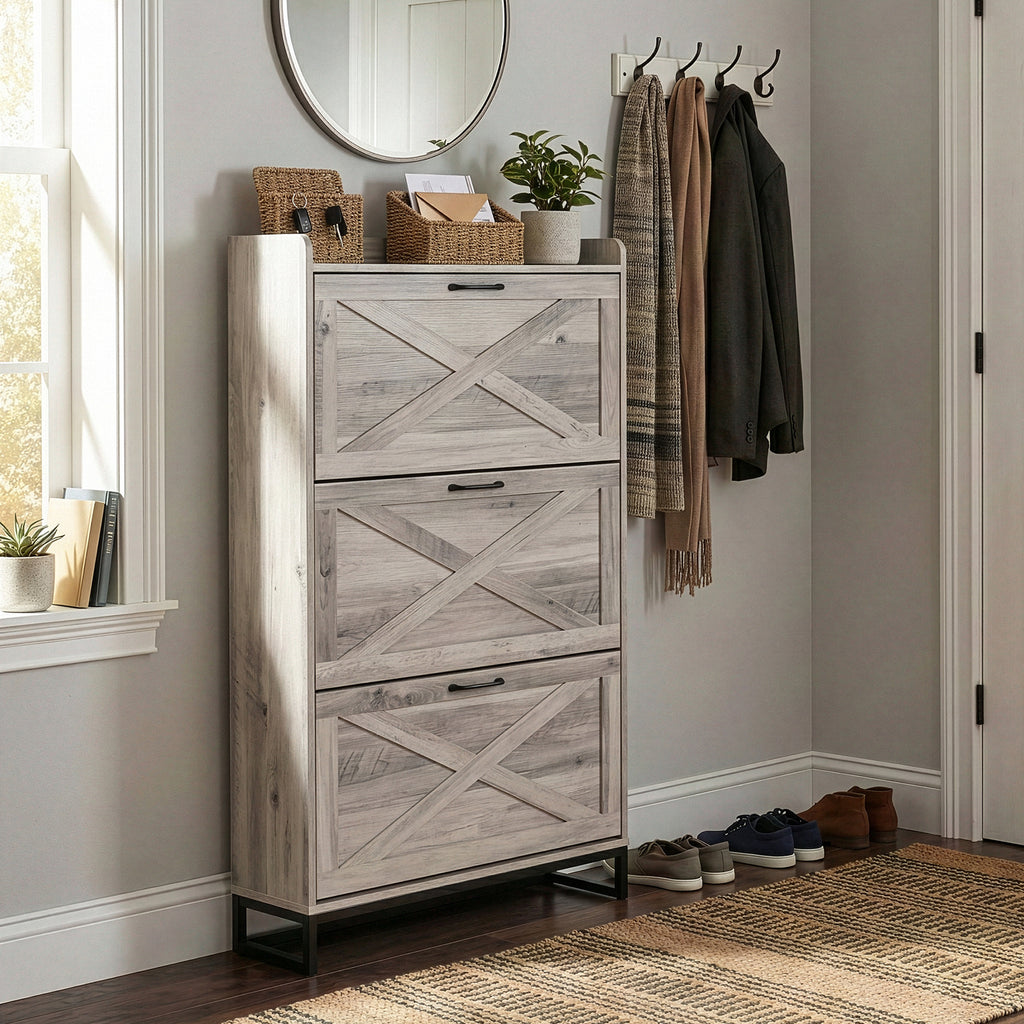 Modern Space-Saving Slim Shoe Cabinet with 3 Flip-Door Drawers & Adjustable Shelves - Heavy-Duty Wood\u002FPlywood -Standing Shoe Storage Organizer Suitable for Entryway, Hallway, Small Spaces, Assembly, Hidden Shoe Rack for