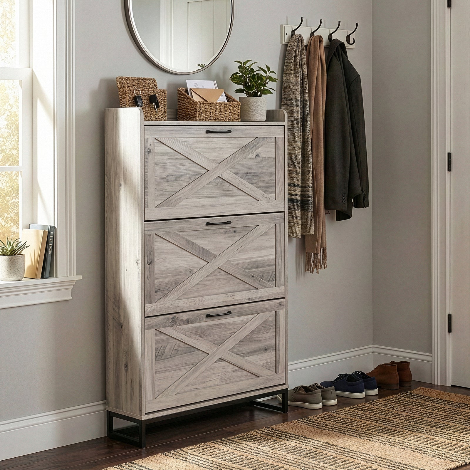 Modern Space-Saving Slim Shoe Cabinet with 3 Flip-Door Drawers & Adjustable Shelves - Heavy-Duty Wood\u002FPlywood -Standing Shoe Storage Organizer Suitable for Entryway, Hallway, Small Spaces, Assembly, Hidden Shoe Rack for