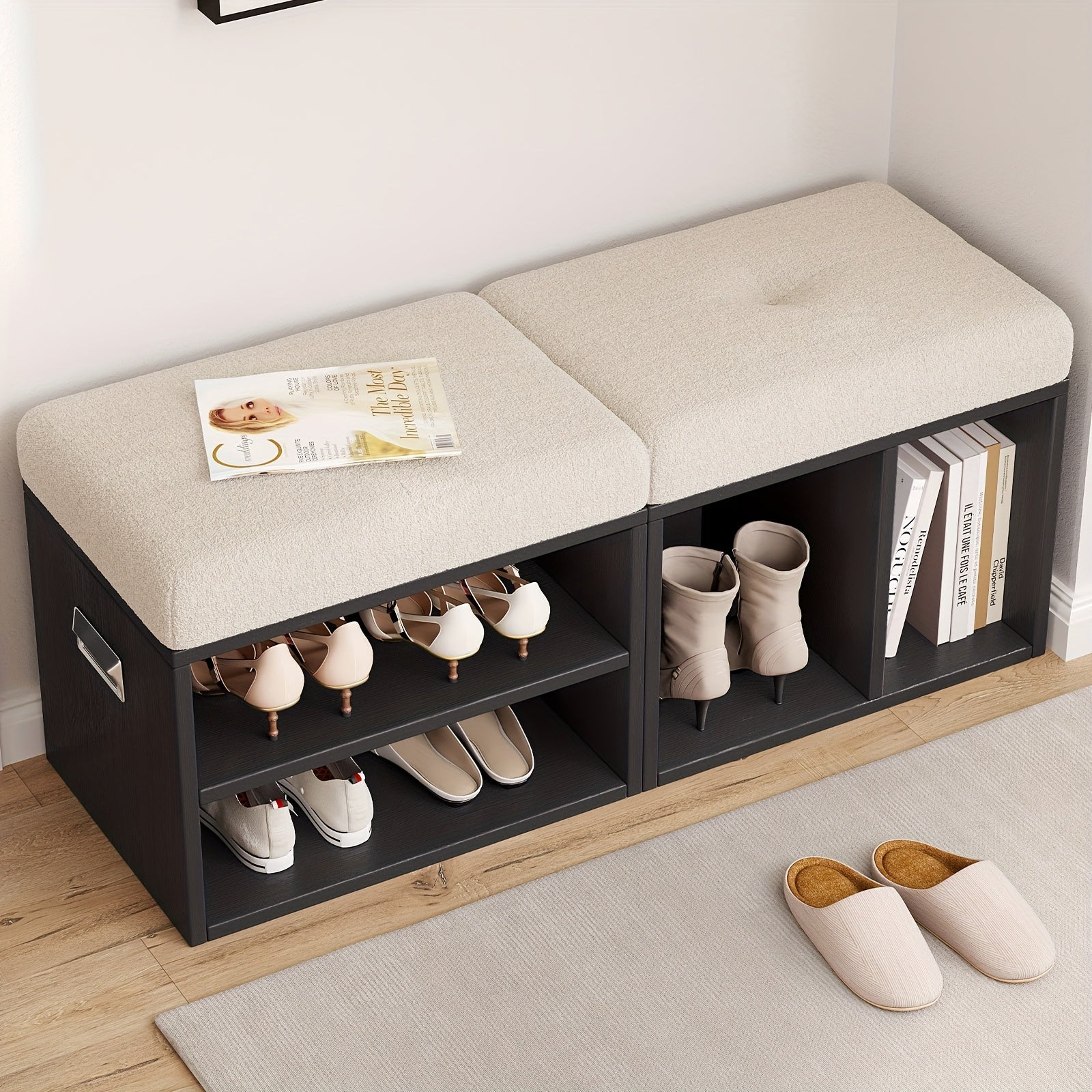 Guyii Set Of 2 Velvet Shoe Storage Ottoman - Multi-Functional Stools with Soft Cushioned Seats, Space-Saving Entryway\u002FBedroom\u002FLiving Room Bench