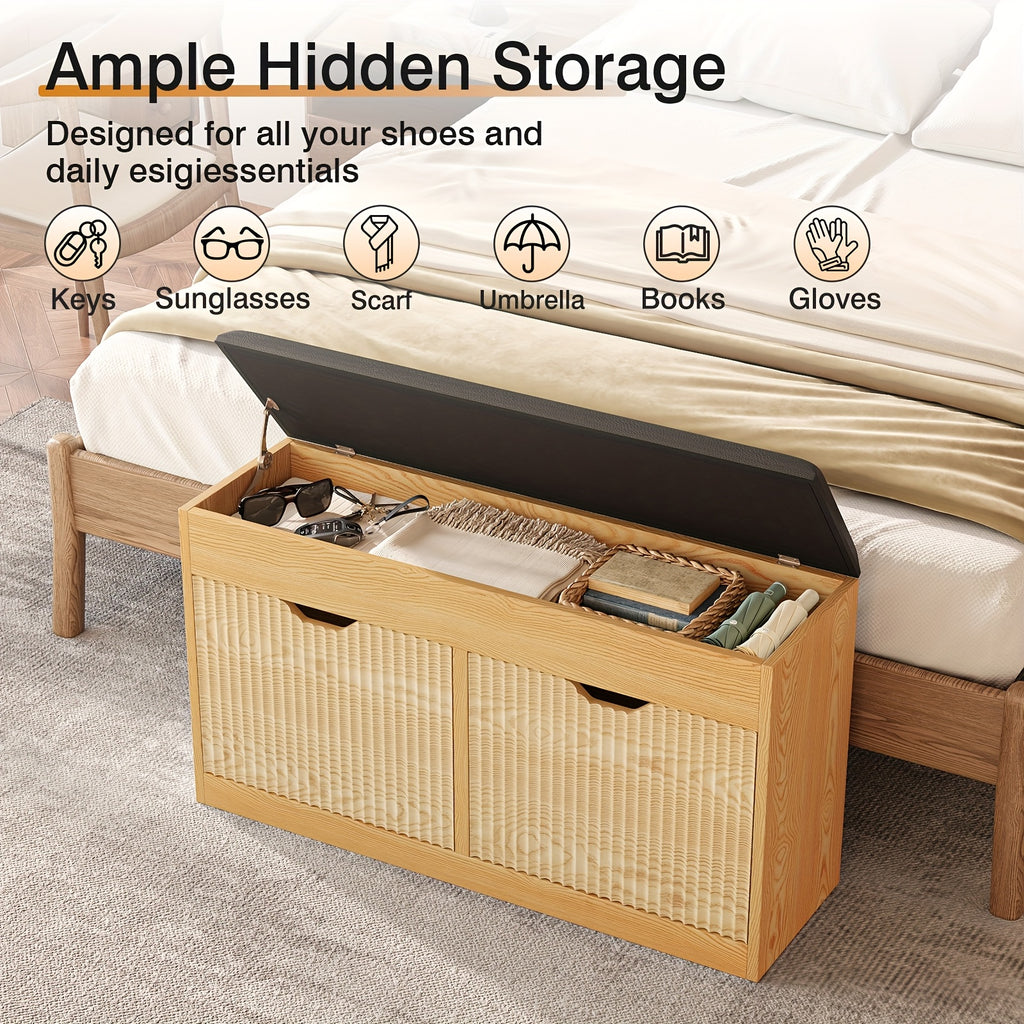 3-Tier Flip-Top Shoe Storage Organizer Bench with Faux Leather Cushion Seat - Modern Entryway Furniture with Slatted Design & Shoe Compartments, Hardwood MDF Construction for Hallway, Living Room, Apartment, Durable Mdf Build, Shoe Rack