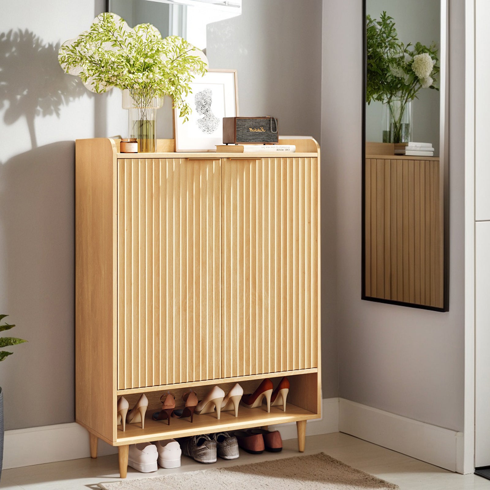 6-Tier Modern Shoe Storage Cabinet | LEADZM Narrow Hidden Freestanding Shoe Rack with Doors and Shelves, Artificial Board and Hardwood Material, Floor Mount for Entryway