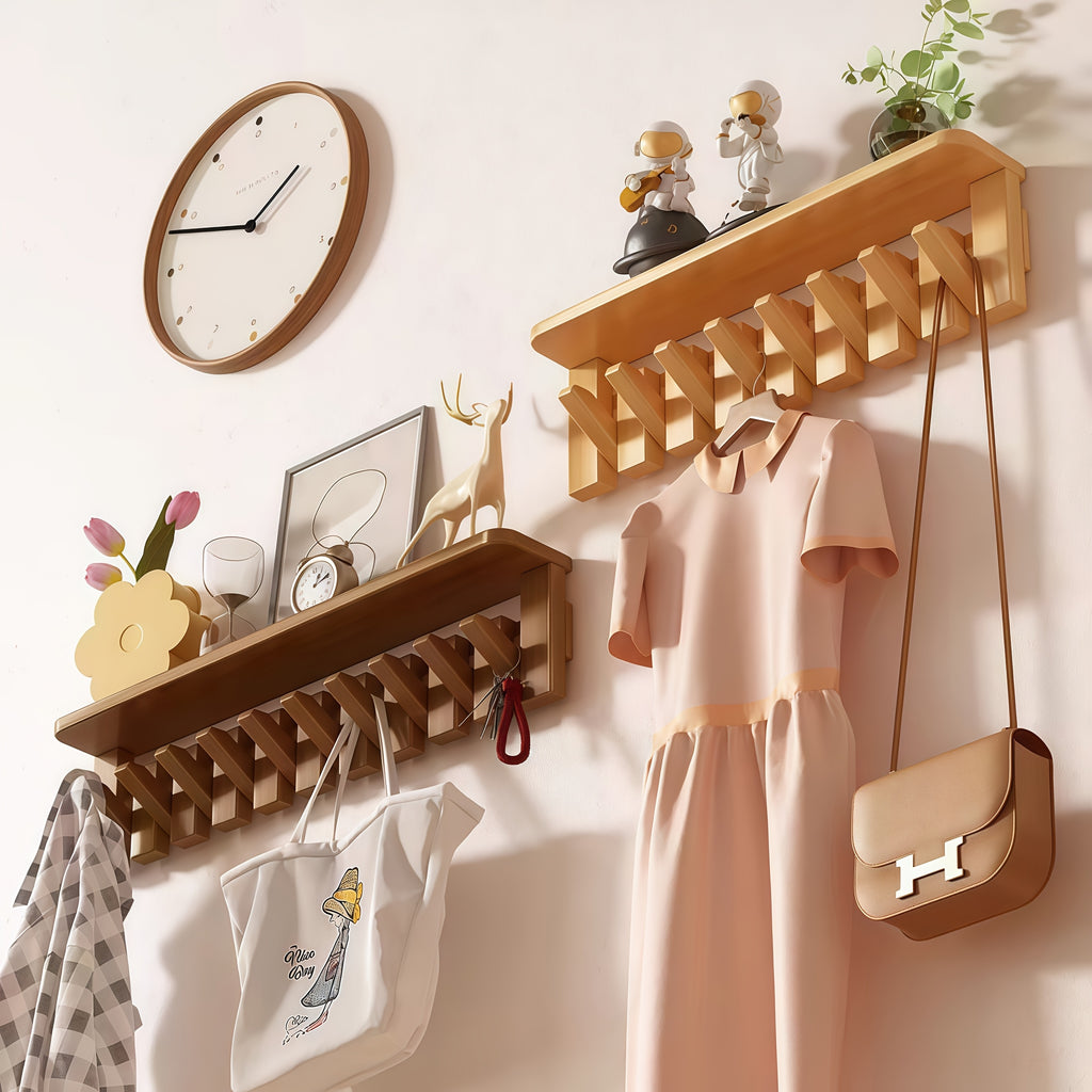1pc Natural Wood Wall-Mounted Coat Rack with 10 Hooks - Piano-Shaped Accordion Design, Walnut Finish, Space-Saving Vertical Storage for Entryway, Bedroom, Bathroom - Easy Assembly, No Batteries\u002FElectricity, Durable Multi-Purpose Organizer for...