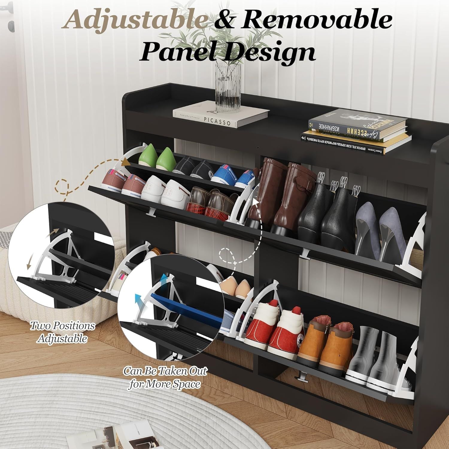 Modern Slim Shoe Cabinet with 4-Shutter Door & Adjustable Shelves - Space-Saving Shoe Rack Suitable for Apartment, Living Room - Durable Frame & PVC Blister Doors, Assembly, Holds Pairs of Shoes - Entryway Storage Organizer