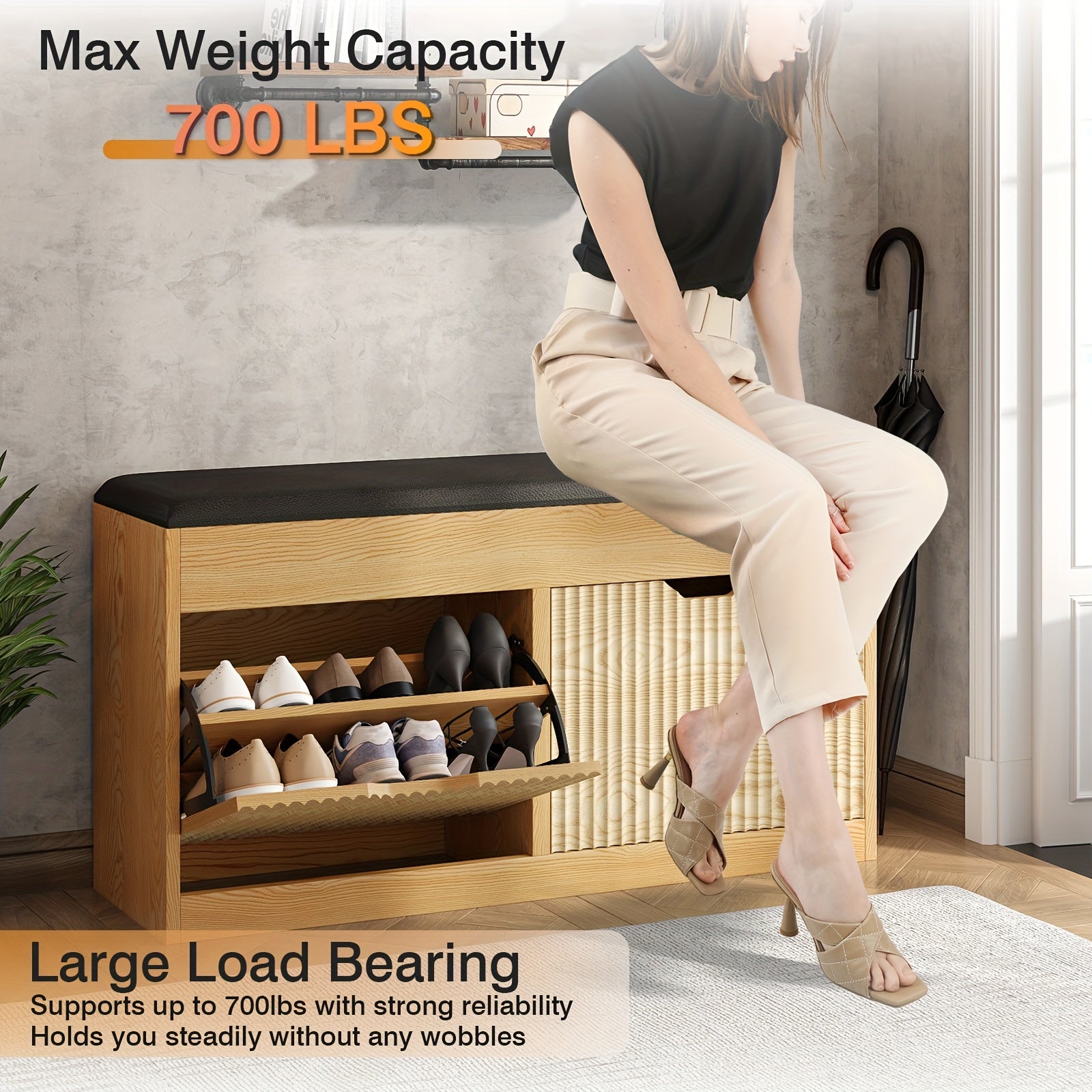 3-Tier Flip-Top Shoe Storage Organizer Bench with Faux Leather Cushion Seat - Modern Entryway Furniture with Slatted Design & Shoe Compartments, Hardwood MDF Construction for Hallway, Living Room, Apartment, Durable Mdf Build, Shoe Rack