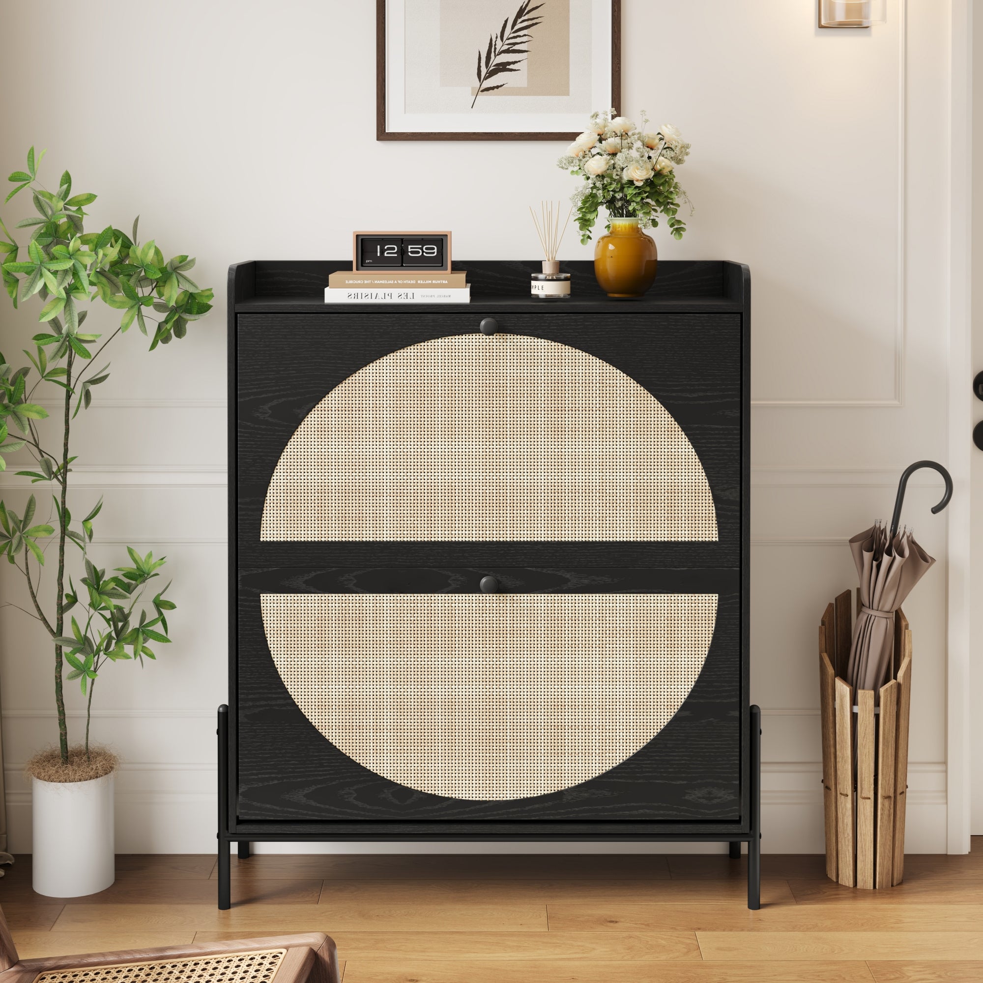 Narrow Shoe Cabinet for Entryway, Wooden Shoe Storage Organizer with 2 Flip Drawers & Rattan Doors, Free Standing Shoe Rack Cabinet for Hallway, Closet, Small Spaces