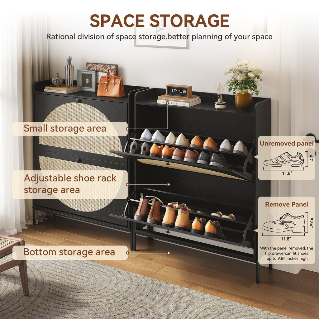 Narrow Shoe Cabinet for Entryway, Wooden Shoe Storage Organizer with 2 Flip Drawers & Rattan Doors, Free Standing Shoe Rack Cabinet for Hallway, Closet, Small Spaces