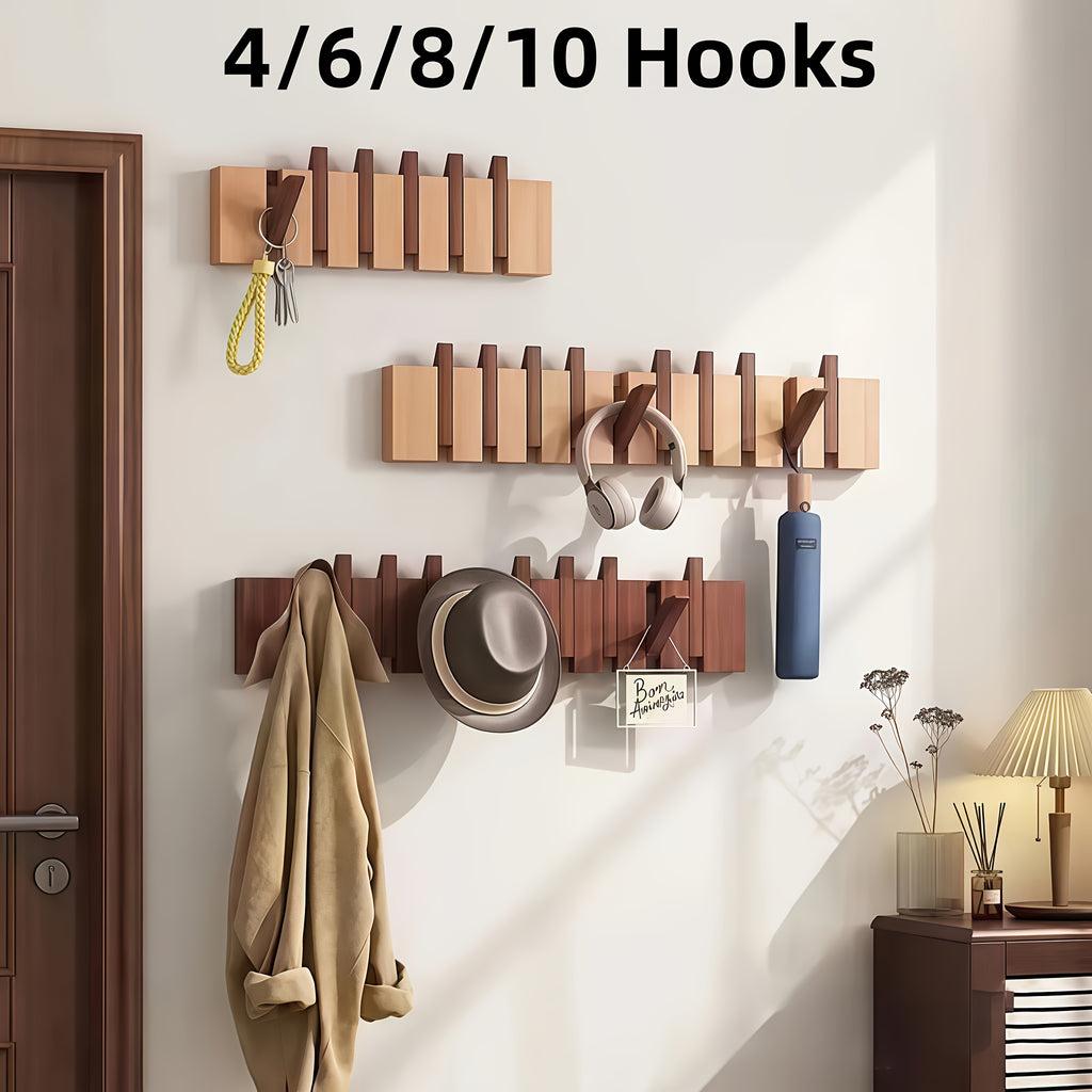 1pc Natural Wood Wall-Mounted Coat Rack with 10 Hooks - Piano-Shaped Accordion Design, Walnut Finish, Space-Saving Vertical Storage for Entryway, Bedroom, Bathroom - Easy Assembly, No Batteries\u002FElectricity, Durable Multi-Purpose Organizer for...