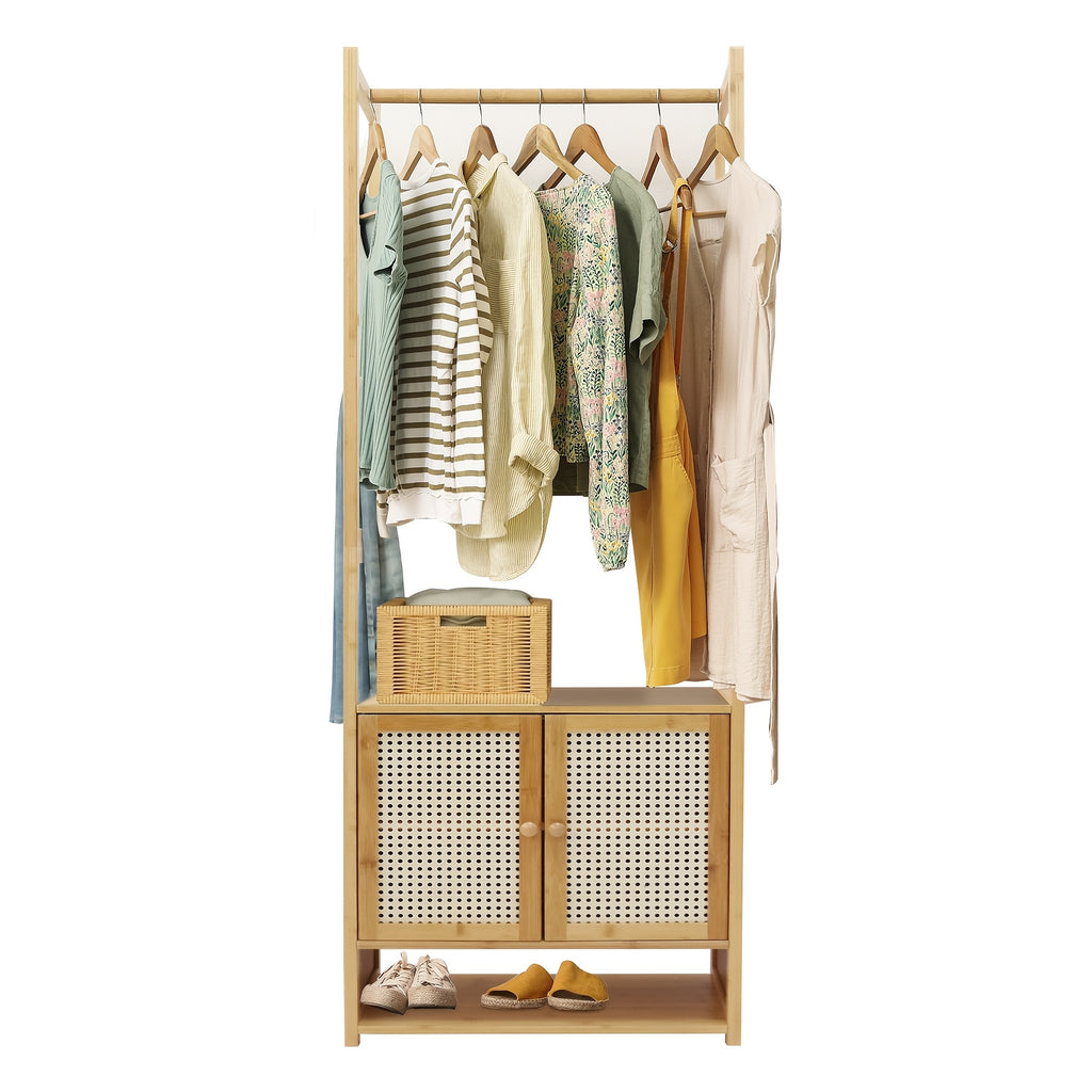 Aesome 66.1 Inch Garment Rack with Cabinet Bamboo Clothes Rack, Clothes Rack Hanging, Wardrobe Closet for Entryway Bedroom