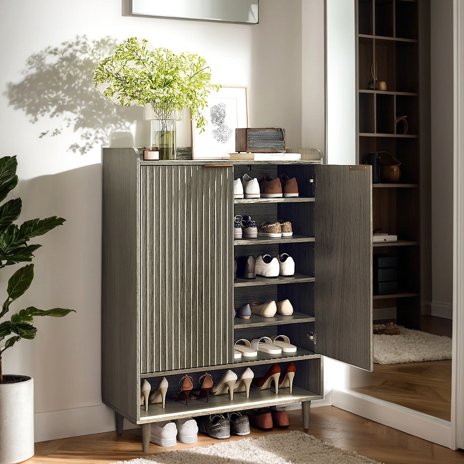 6-Tier Modern Shoe Storage Cabinet | LEADZM Narrow Hidden Freestanding Shoe Rack with Doors and Shelves, Artificial Board and Hardwood Material, Floor Mount for Entryway