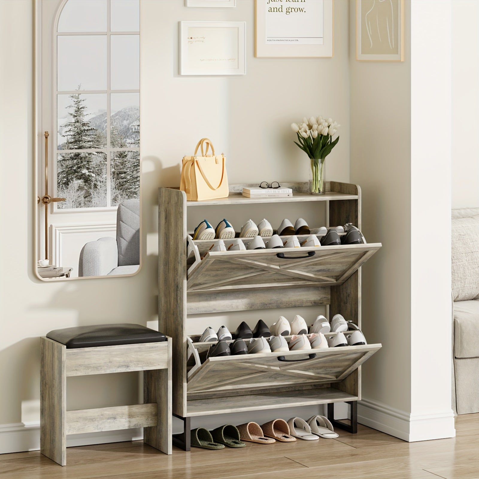 Shoe Storage Cabinet with 2 Flip Drawers, Freestanding Shoe Organizer for 16 Pairs, Narrow Slim Shoe Rack Cabinet for Entryway, Living Room, Hallway