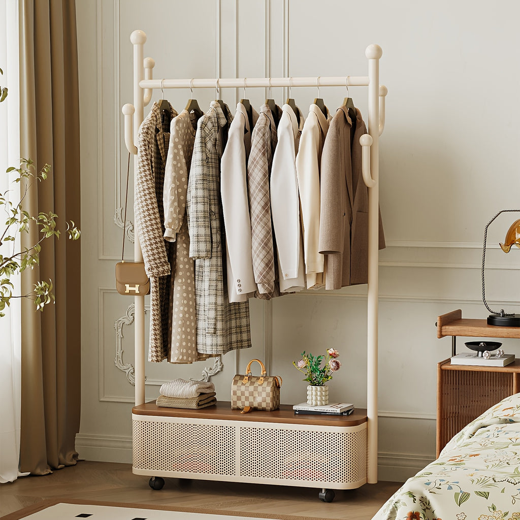 Mobile Coat Rack with Wheels & Bottom Storage Box - Creative Cactus Hook Hanger for Hats, Bags & Coats - Freestanding Rolling Garment Rack for Entryway, Bedroom & Small Spaces (Cream White)