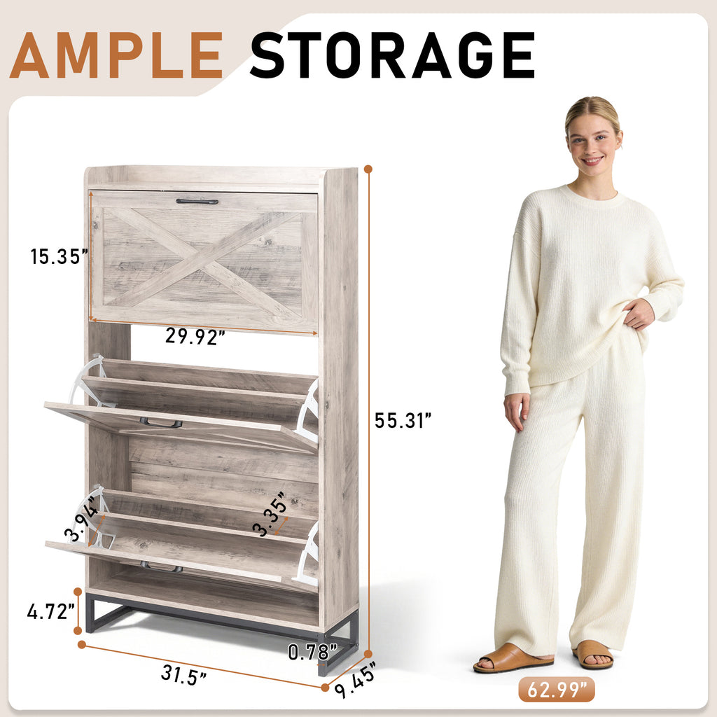 Modern Space-Saving Slim Shoe Cabinet with 3 Flip-Door Drawers & Adjustable Shelves - Heavy-Duty Wood\u002FPlywood -Standing Shoe Storage Organizer Suitable for Entryway, Hallway, Small Spaces, Assembly, Hidden Shoe Rack for