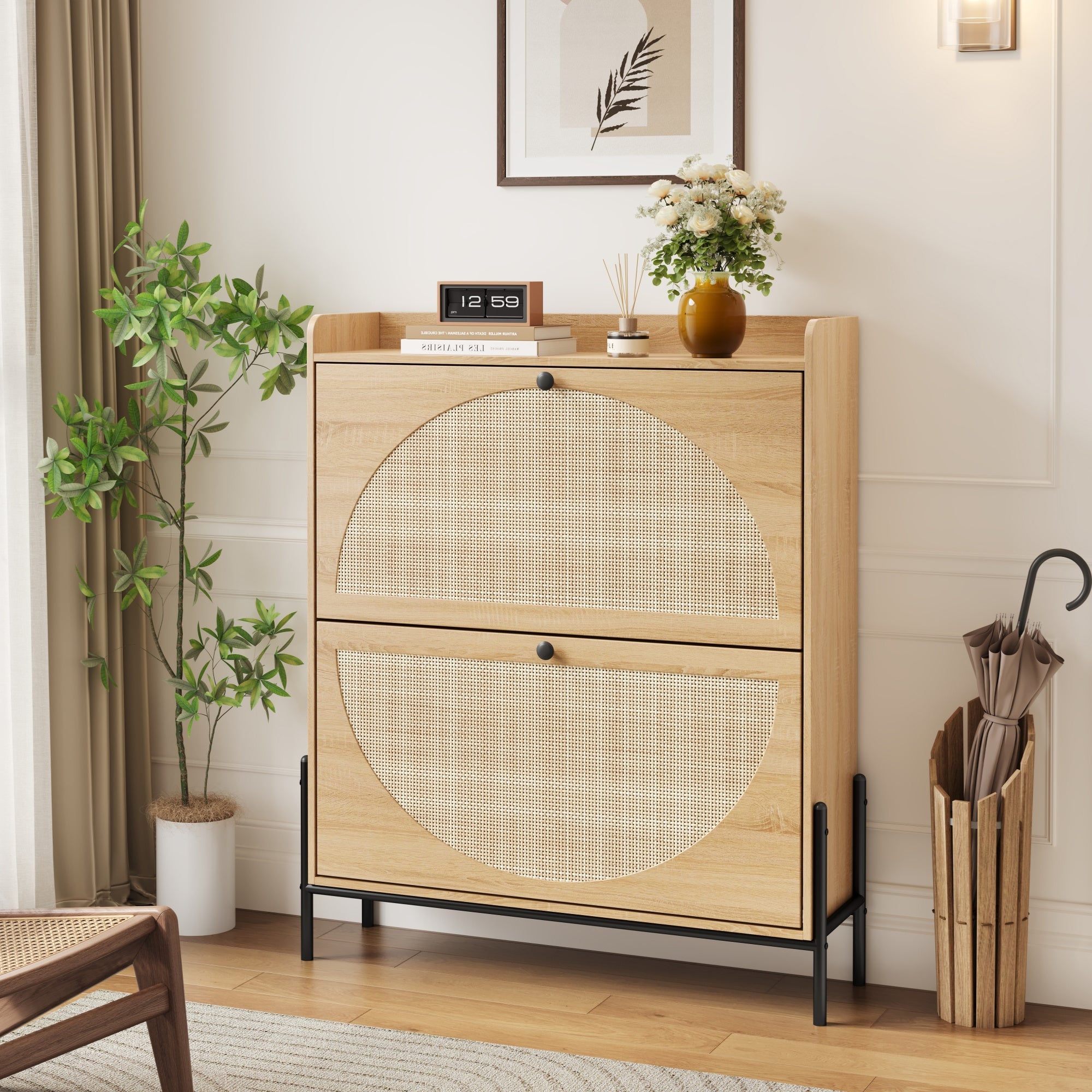 Narrow Shoe Cabinet for Entryway, Wooden Shoe Storage Organizer with 2 Flip Drawers & Rattan Doors, Free Standing Shoe Rack Cabinet for Hallway, Closet, Small Spaces