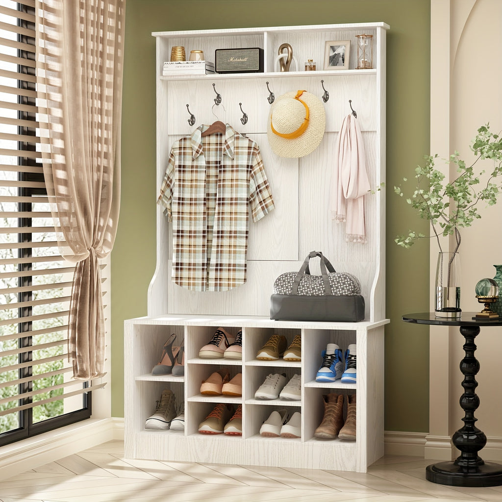 Modern 4-in-1 Hall Tree With Storage Bench, 68.5'' Tall Entryway Bench With Coat Racks, 7 Hooks & 10 Shoe Cubes, Hall Tree With Open Shelves, For Hallway And Living Room, White
