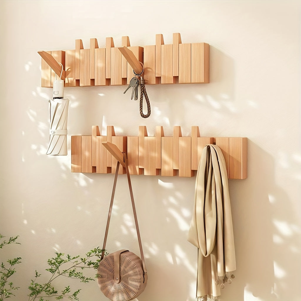 1pc Natural Wood Wall-Mounted Coat Rack with 10 Hooks - Piano-Shaped Accordion Design, Walnut Finish, Space-Saving Vertical Storage for Entryway, Bedroom, Bathroom - Easy Assembly, No Batteries\u002FElectricity, Durable Multi-Purpose Organizer for...