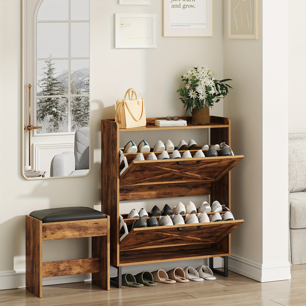 Shoe Storage Cabinet with 2 Flip Drawers, Freestanding Shoe Organizer for 16 Pairs, Narrow Slim Shoe Rack Cabinet for Entryway, Living Room, Hallway