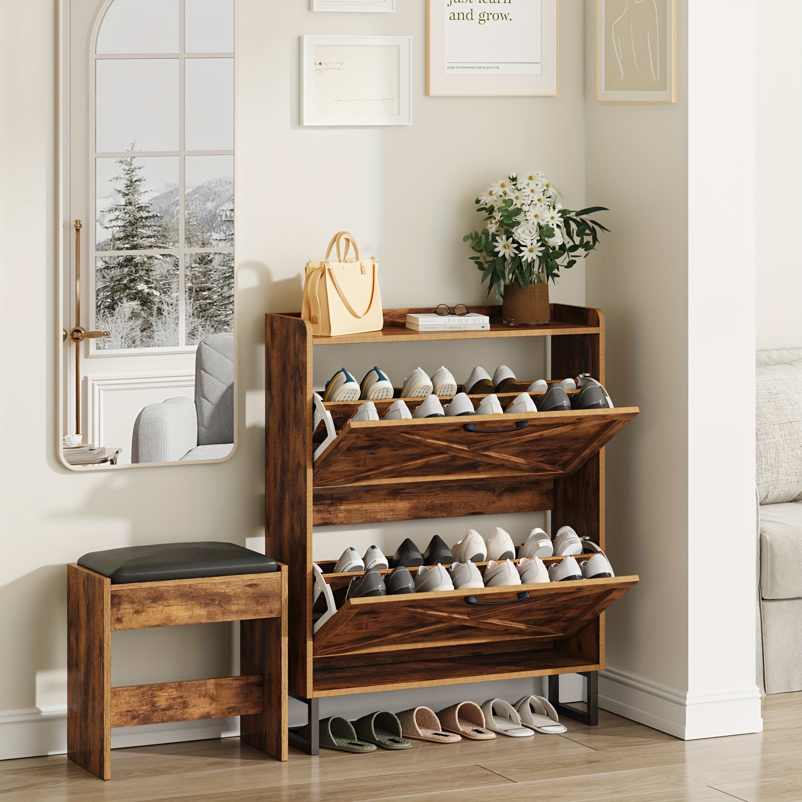 Shoe Storage Cabinet with 2 Flip Drawers, Freestanding Shoe Organizer for 16 Pairs, Narrow Slim Shoe Rack Cabinet for Entryway, Living Room, Hallway