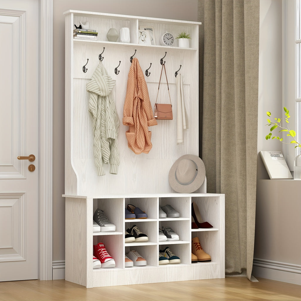 Modern 4-in-1 Hall Tree With Storage Bench, 68.5'' Tall Entryway Bench With Coat Racks, 7 Hooks & 10 Shoe Cubes, Hall Tree With Open Shelves, For Hallway And Living Room, White