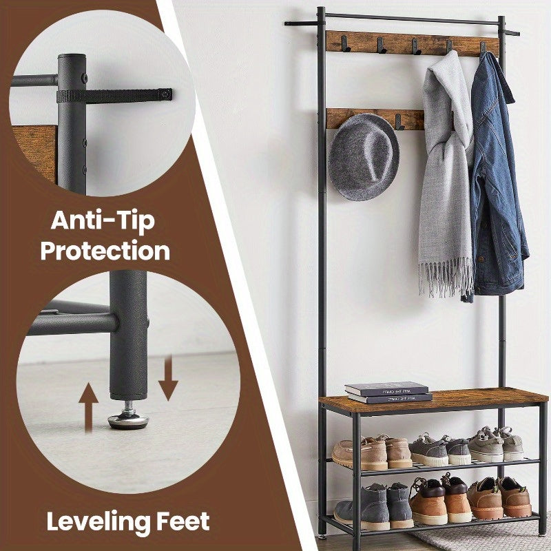 Industrial Coat Rack Hall Tree with Shoe Storage Bench, 3-in-1 Entryway Organizer for Clothes & Shoes, Steel Frame Space Saving Storage