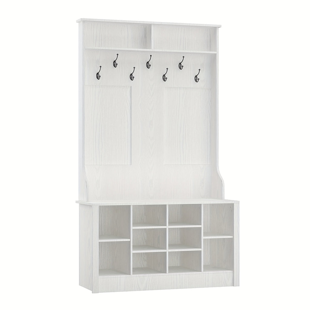 Modern 4-in-1 Hall Tree With Storage Bench, 68.5'' Tall Entryway Bench With Coat Racks, 7 Hooks & 10 Shoe Cubes, Hall Tree With Open Shelves, For Hallway And Living Room, White