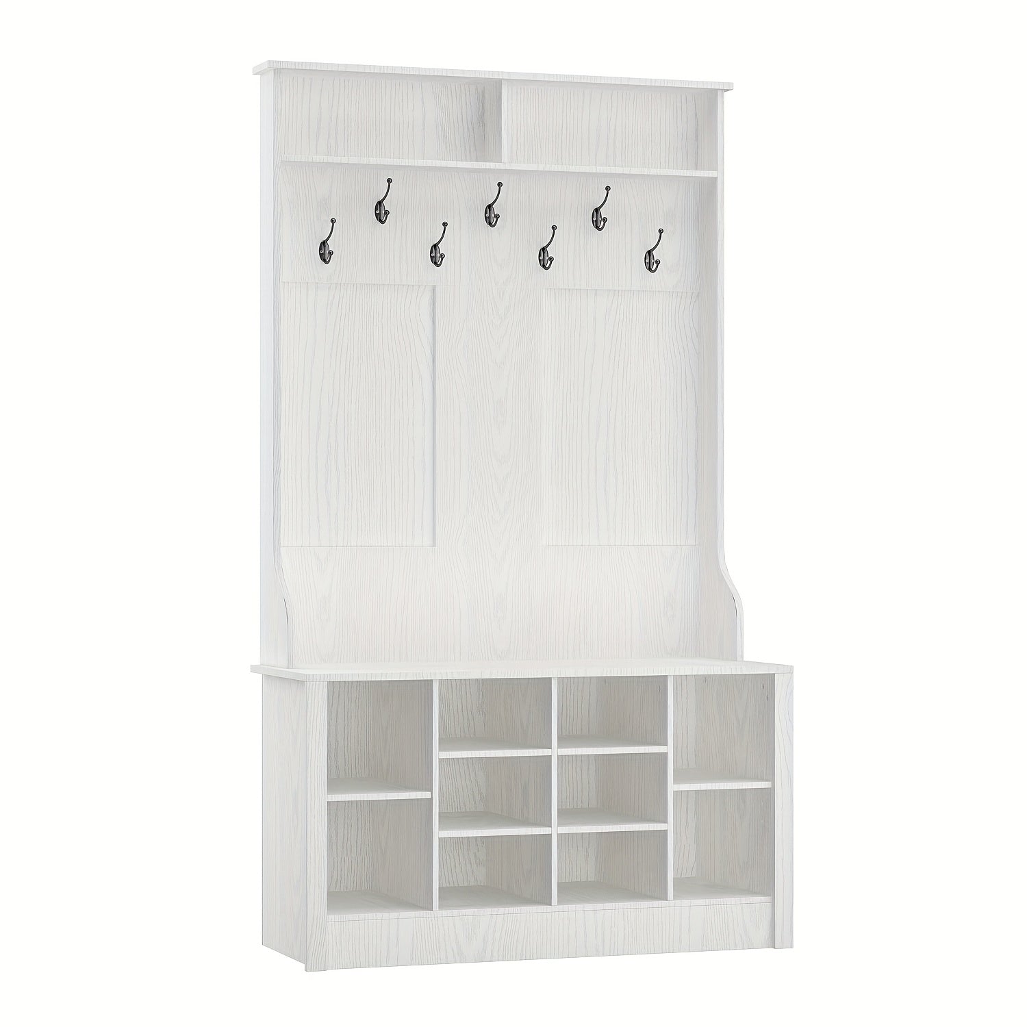 Modern 4-in-1 Hall Tree With Storage Bench, 68.5'' Tall Entryway Bench With Coat Racks, 7 Hooks & 10 Shoe Cubes, Hall Tree With Open Shelves, For Hallway And Living Room, White