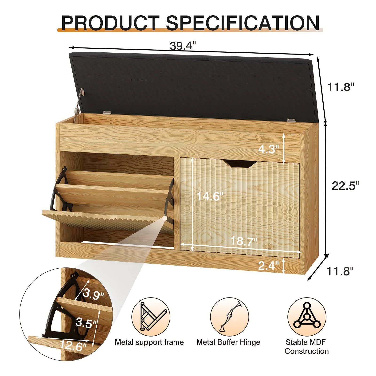 3-Tier Flip-Top Shoe Storage Organizer Bench with Faux Leather Cushion Seat - Modern Entryway Furniture with Slatted Design & Shoe Compartments, Hardwood MDF Construction for Hallway, Living Room, Apartment, Durable Mdf Build, Shoe Rack