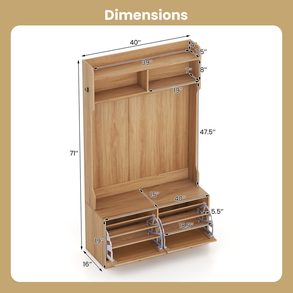 COSTWAY 4-In-1 Hall Tree, Entryway Bench with Coat Rack & Flip Drawers, Farmhouse Storage Organizer with 6 Dual-Hook Hangers & PE Rattan Doors, Ideal for Entryway Living Room Mudroom
